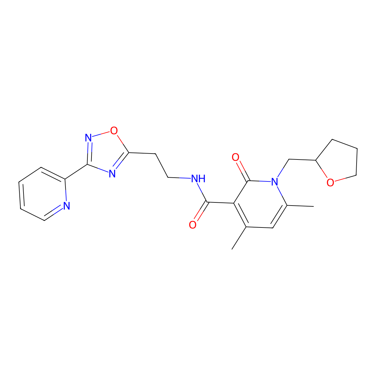 4,6-dimethyl-2-oxo-N-{2-[3-(pyridin-2-yl)-1,2,4-oxadiazol-5-yl]ethyl}-1-(tetrahydrofuran-2-ylmethyl)-1,2-dihydropyridine-3-carboxamide molecular structure, CAS 1676068-33-9