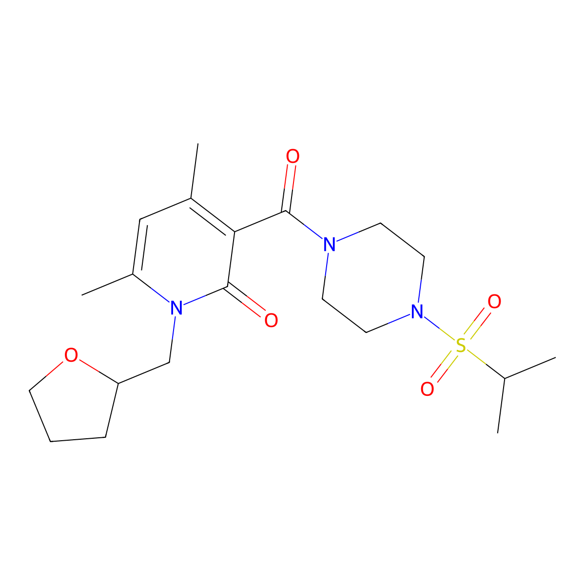 4,6-dimethyl-3-{[4-(propan-2-ylsulfonyl)piperazin-1-yl]carbonyl}-1-(tetrahydrofuran-2-ylmethyl)pyridin-2(1H)-one molecular structure, CAS 1676068-58-8