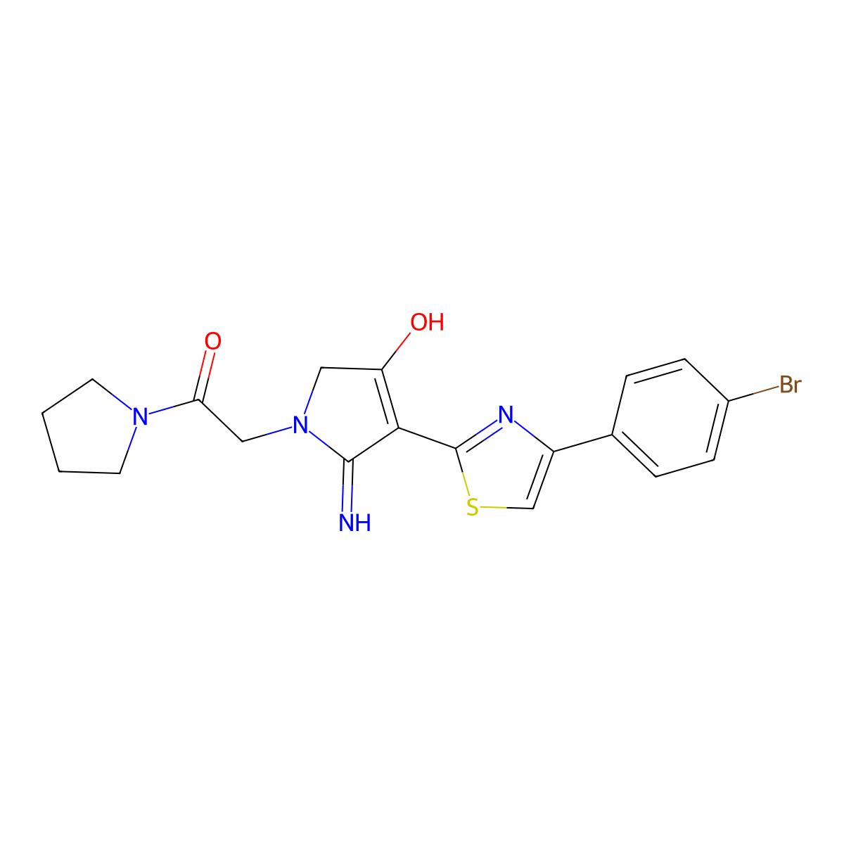 2-{3-[4-(4-bromophenyl)-1,3-thiazol-2-yl]-4-hydroxy-2-imino-2,5-dihydro-1H-pyrrol-1-yl}-1-(pyrrolidin-1-yl)ethanone molecular structure, CAS 1676068-83-9