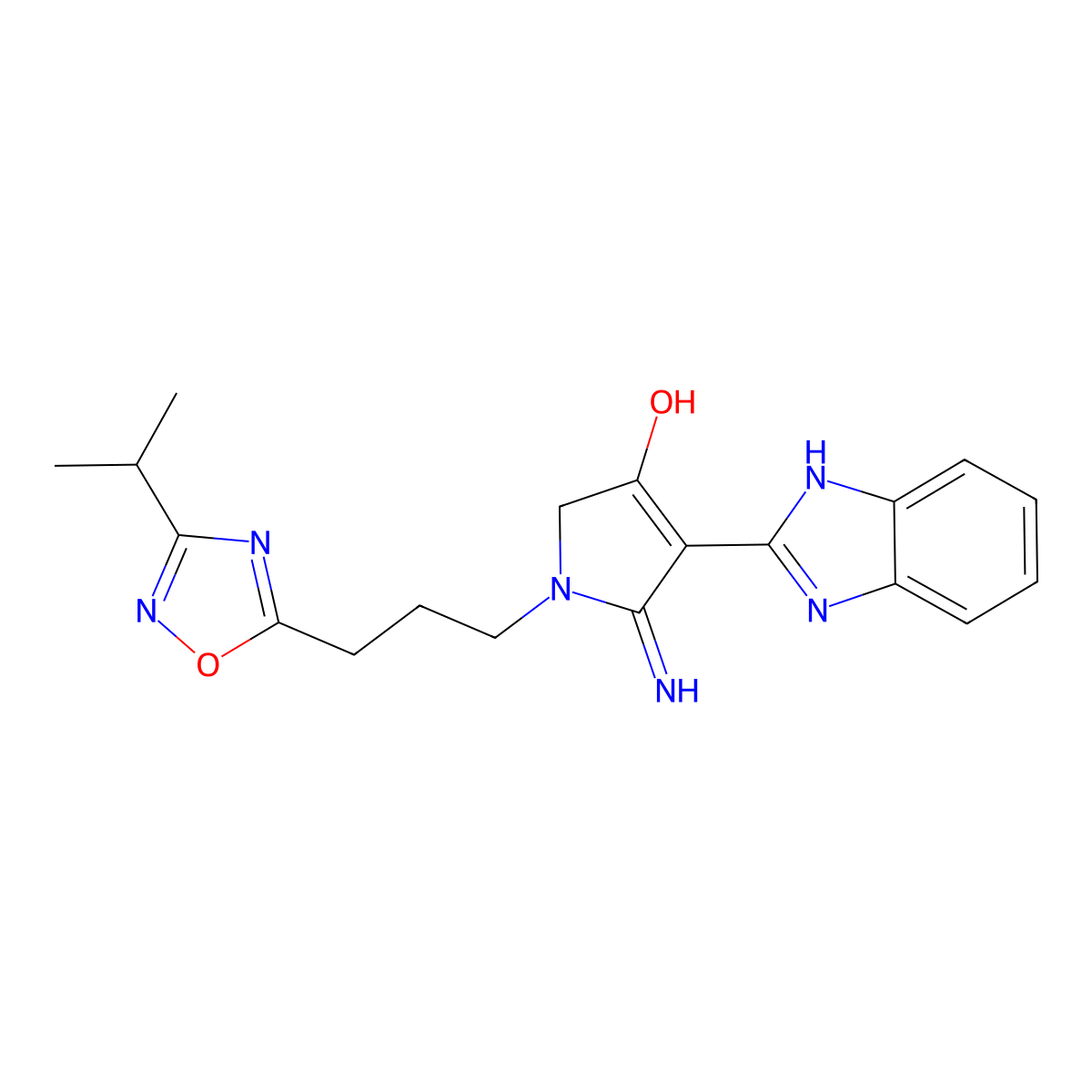 4-(1H-benzimidazol-2-yl)-5-imino-1-{3-[3-(propan-2-yl)-1,2,4-oxadiazol-5-yl]propyl}-2,5-dihydro-1H-pyrrol-3-ol molecular structure, CAS 1676068-94-2