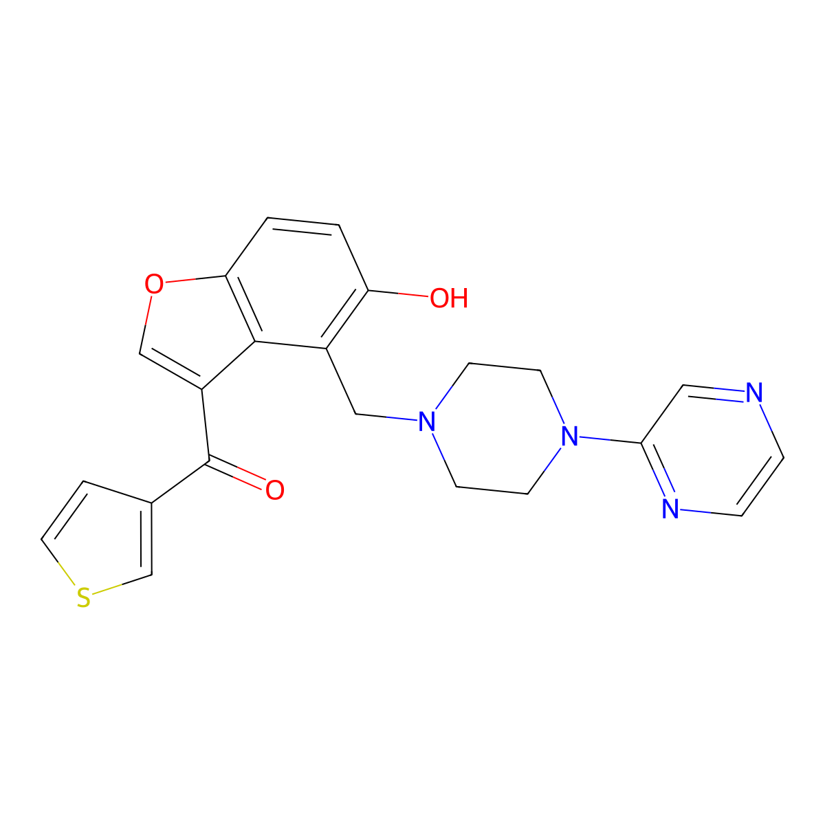 (5-Hydroxy-4-{[4-(pyrazin-2-yl)piperazin-1-yl]methyl}-1-benzofuran-3-yl)(thiophen-3-yl)methanone molecular structure, CAS 1676069-23-0