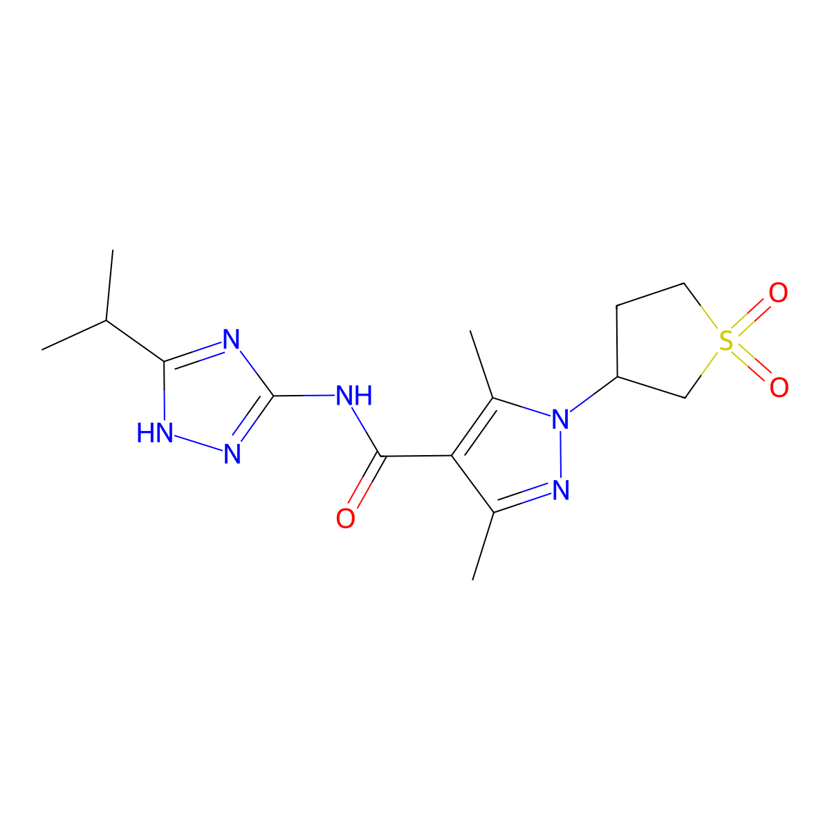 1-(1,1-dioxidotetrahydrothiophen-3-yl)-3,5-dimethyl-N-[3-(propan-2-yl)-1H-1,2,4-triazol-5-yl]-1H-pyrazole-4-carboxamide molecular structure, CAS 1676069-31-0