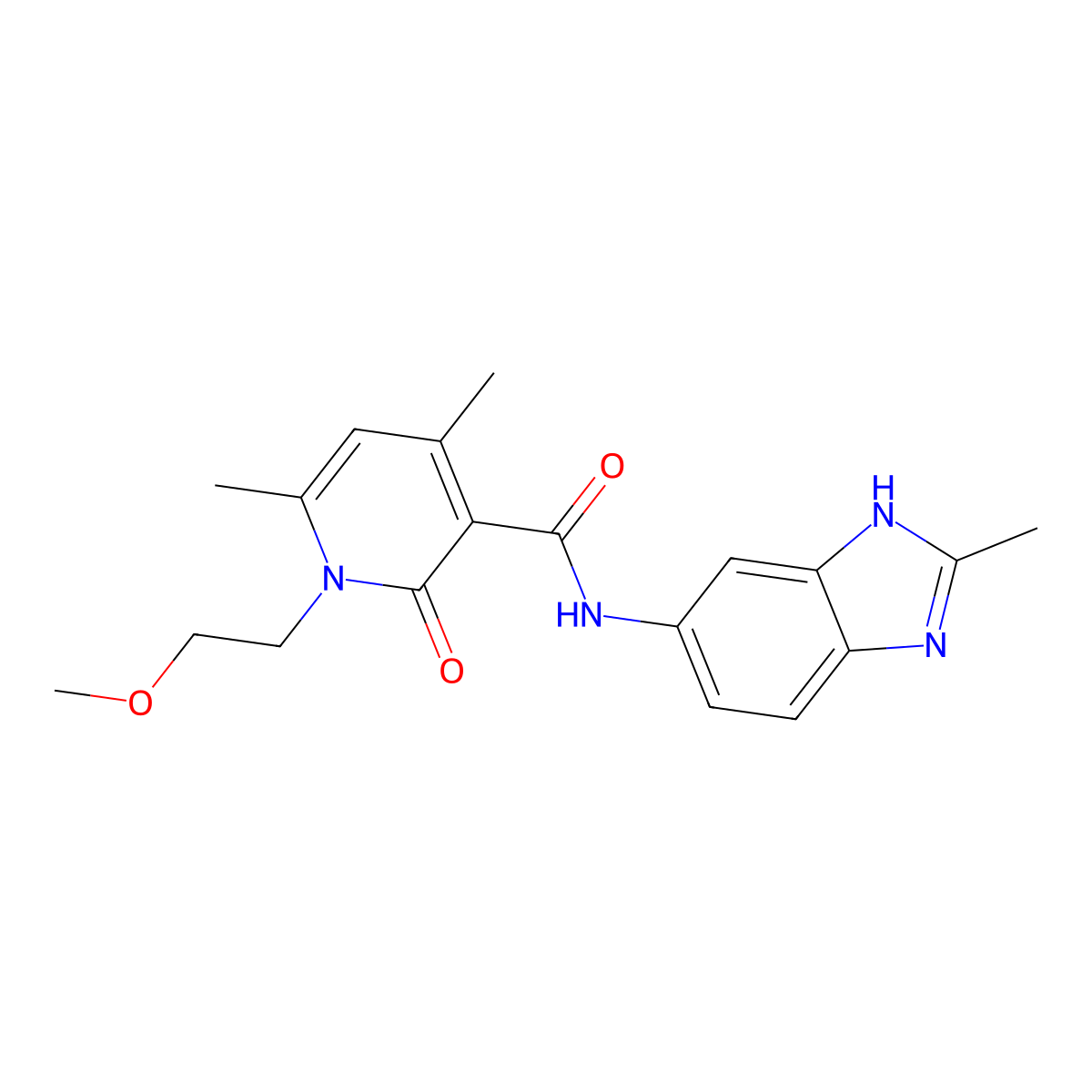 1-(2-methoxyethyl)-4,6-dimethyl-N-(2-methyl-1H-benzimidazol-5-yl)-2-oxo-1,2-dihydropyridine-3-carboxamide molecular structure, CAS 1676069-42-3