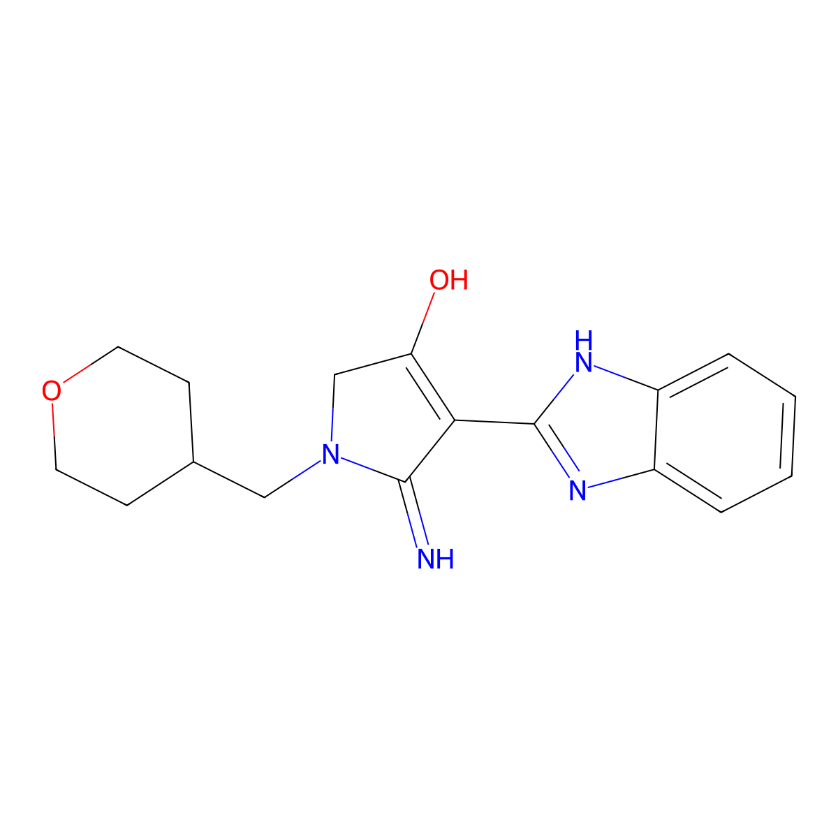 4-(1H-benzimidazol-2-yl)-5-imino-1-(tetrahydro-2H-pyran-4-ylmethyl)-2,5-dihydro-1H-pyrrol-3-ol molecular structure, CAS 1676069-43-4