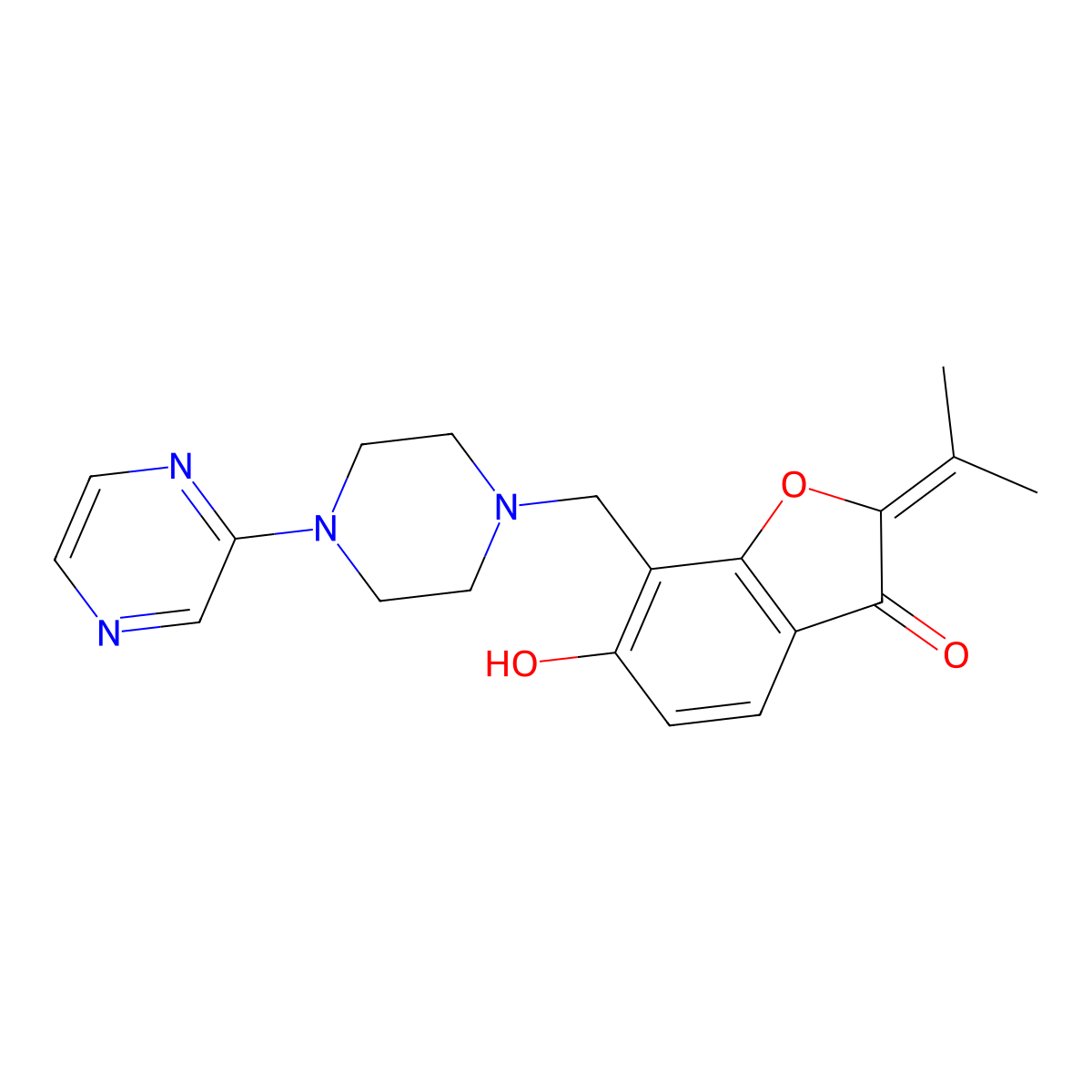 6-hydroxy-2-(propan-2-ylidene)-7-{[4-(pyrazin-2-yl)piperazin-1-yl]methyl}-1-benzofuran-3(2H)-one molecular structure, CAS 1676069-77-4