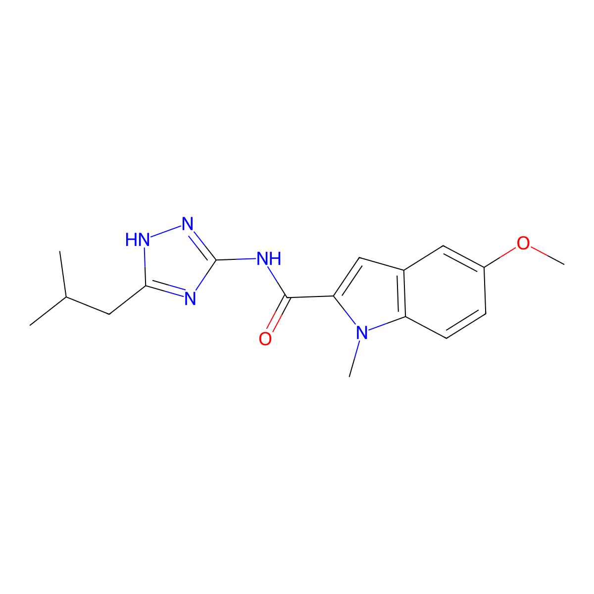 5-methoxy-1-methyl-N-[3-(2-methylpropyl)-1H-1,2,4-triazol-5-yl]-1H-indole-2-carboxamide molecular structure, CAS 1676069-80-9