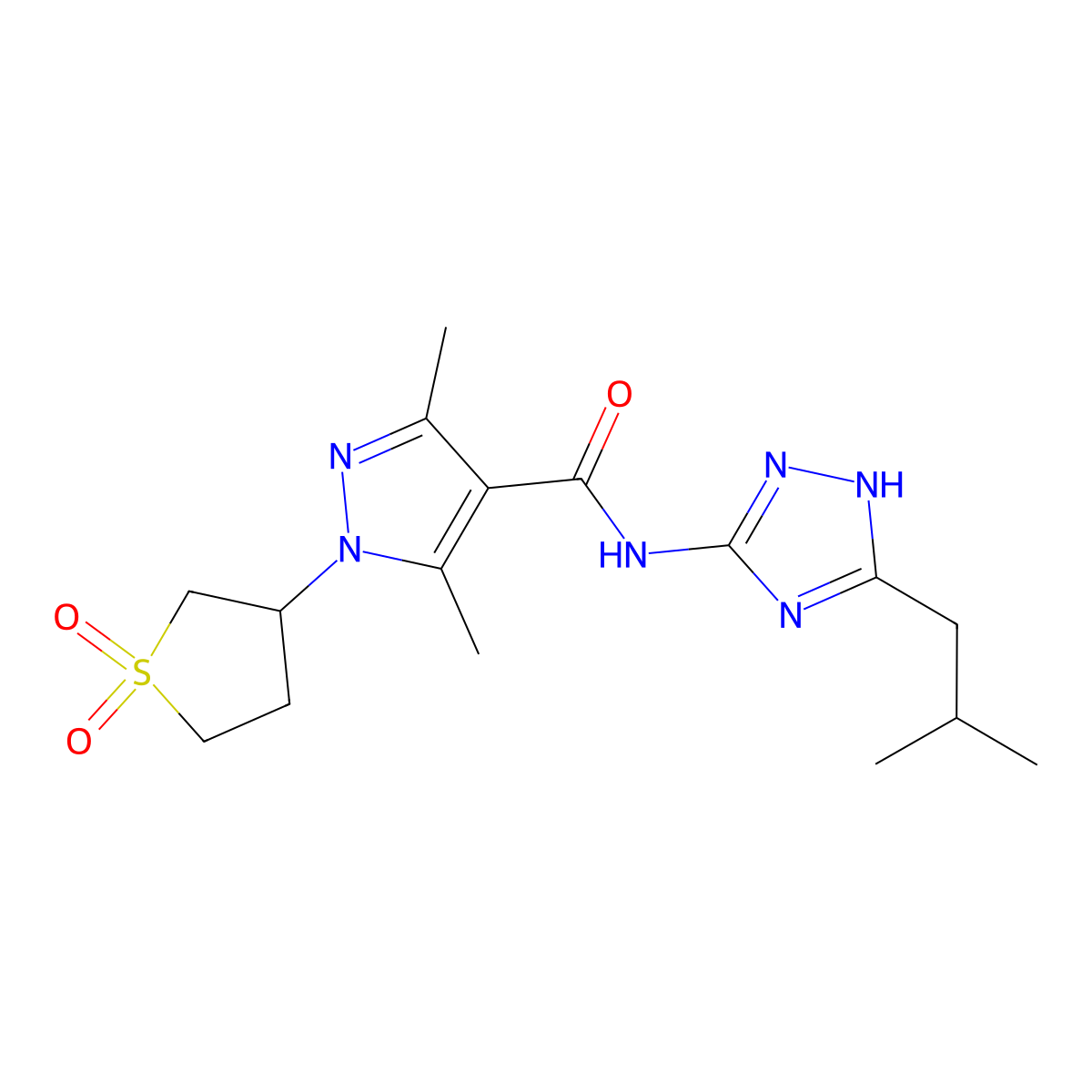 1-(1,1-dioxidotetrahydrothiophen-3-yl)-3,5-dimethyl-N-[3-(2-methylpropyl)-1H-1,2,4-triazol-5-yl]-1H-pyrazole-4-carboxamide molecular structure, CAS 1676070-03-3