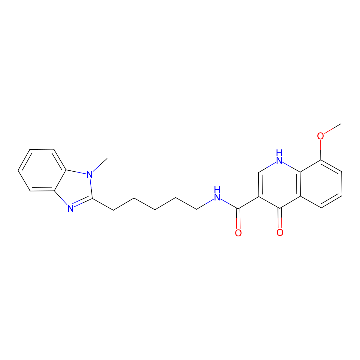 4-hydroxy-8-methoxy-N-[5-(1-methyl-1H-benzimidazol-2-yl)pentyl]quinoline-3-carboxamide molecular structure, CAS 1676070-16-8