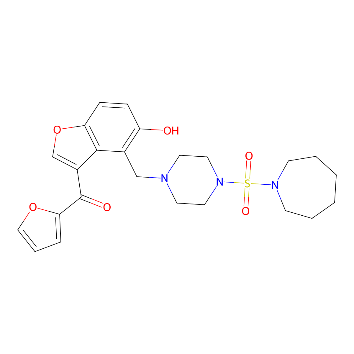 (4-{[4-(Azepan-1-ylsulfonyl)piperazin-1-yl]methyl}-5-hydroxy-1-benzofuran-3-yl)(furan-2-yl)methanone molecular structure, CAS 1676072-34-6