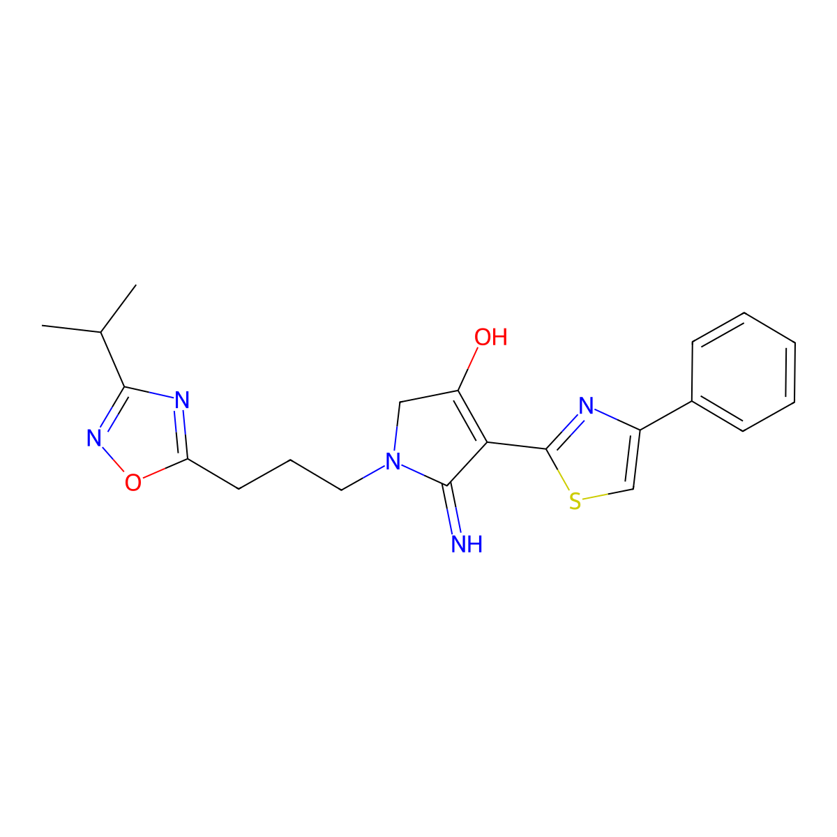 5-imino-4-(4-phenyl-1,3-thiazol-2-yl)-1-{3-[3-(propan-2-yl)-1,2,4-oxadiazol-5-yl]propyl}-2,5-dihydro-1H-pyrrol-3-ol molecular structure, CAS 1676072-72-2