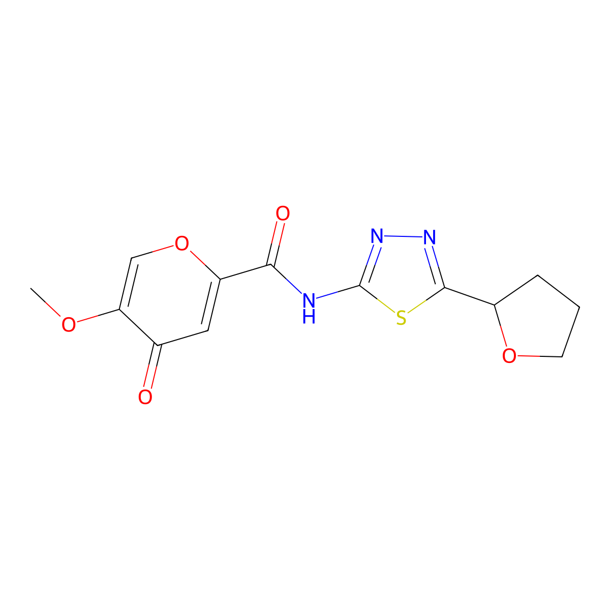 5-methoxy-4-oxo-N-(5-tetrahydro-2-furanyl-1,3,4-thiadiazol-2-yl)-4H-pyran-2-carboxamide molecular structure, CAS 1676073-34-9
