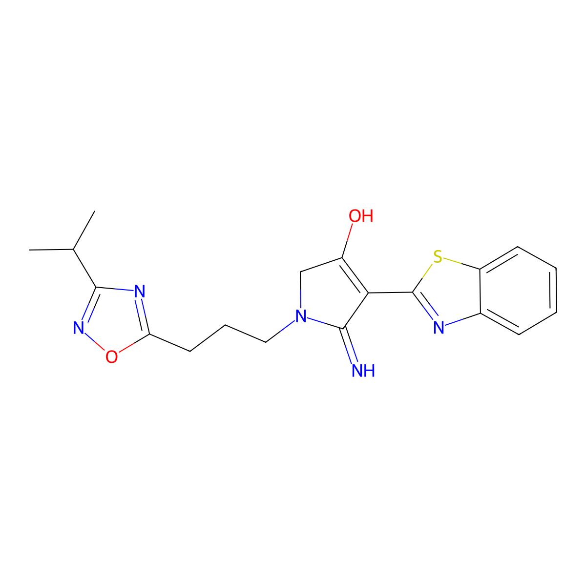 4-(1,3-benzothiazol-2-yl)-5-imino-1-{3-[3-(propan-2-yl)-1,2,4-oxadiazol-5-yl]propyl}-2,5-dihydro-1H-pyrrol-3-ol molecular structure, CAS 1676073-49-6
