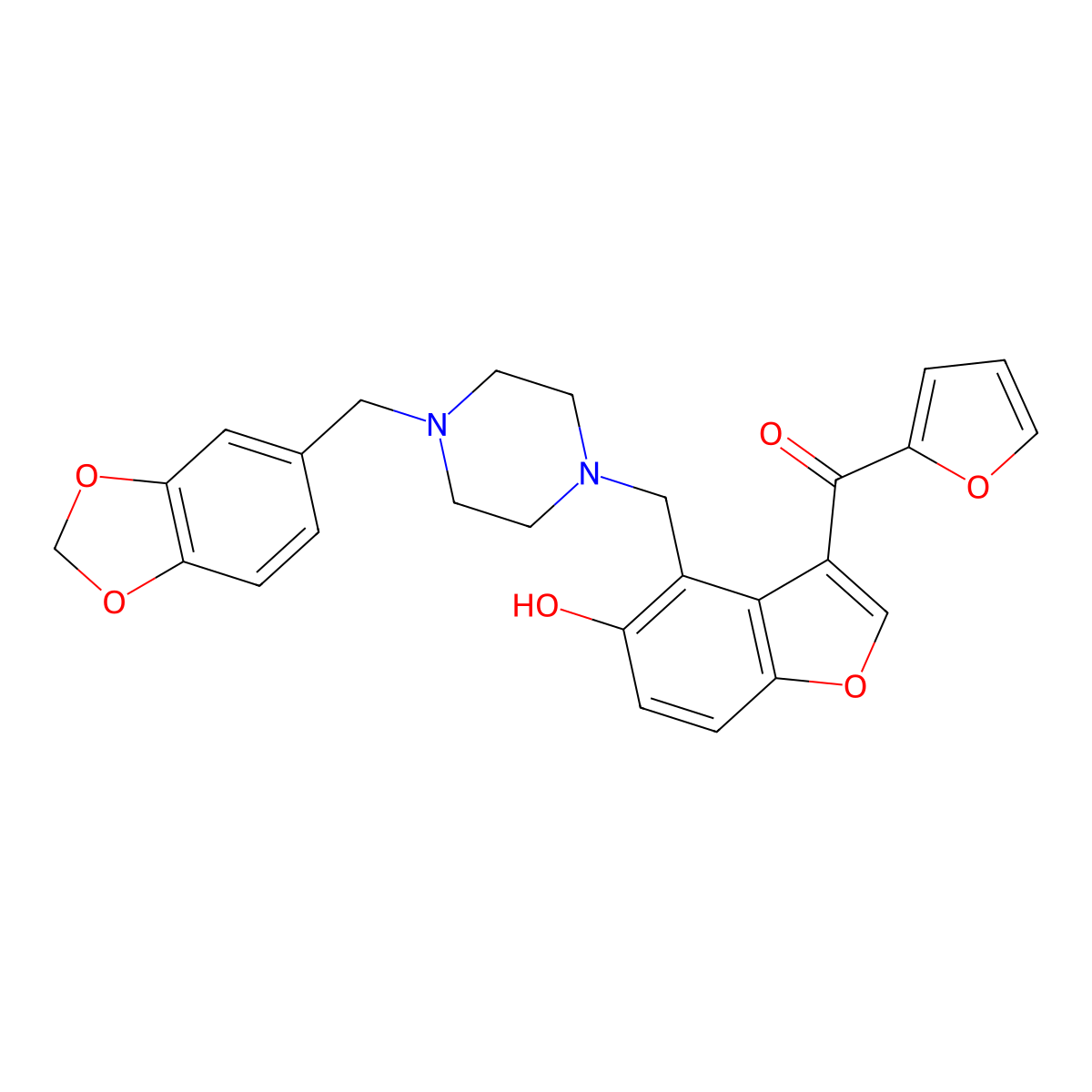 (4-{[4-(1,3-Benzodioxol-5-ylmethyl)piperazin-1-yl]methyl}-5-hydroxy-1-benzofuran-3-yl)(furan-2-yl)methanone molecular structure, CAS 1676073-53-2