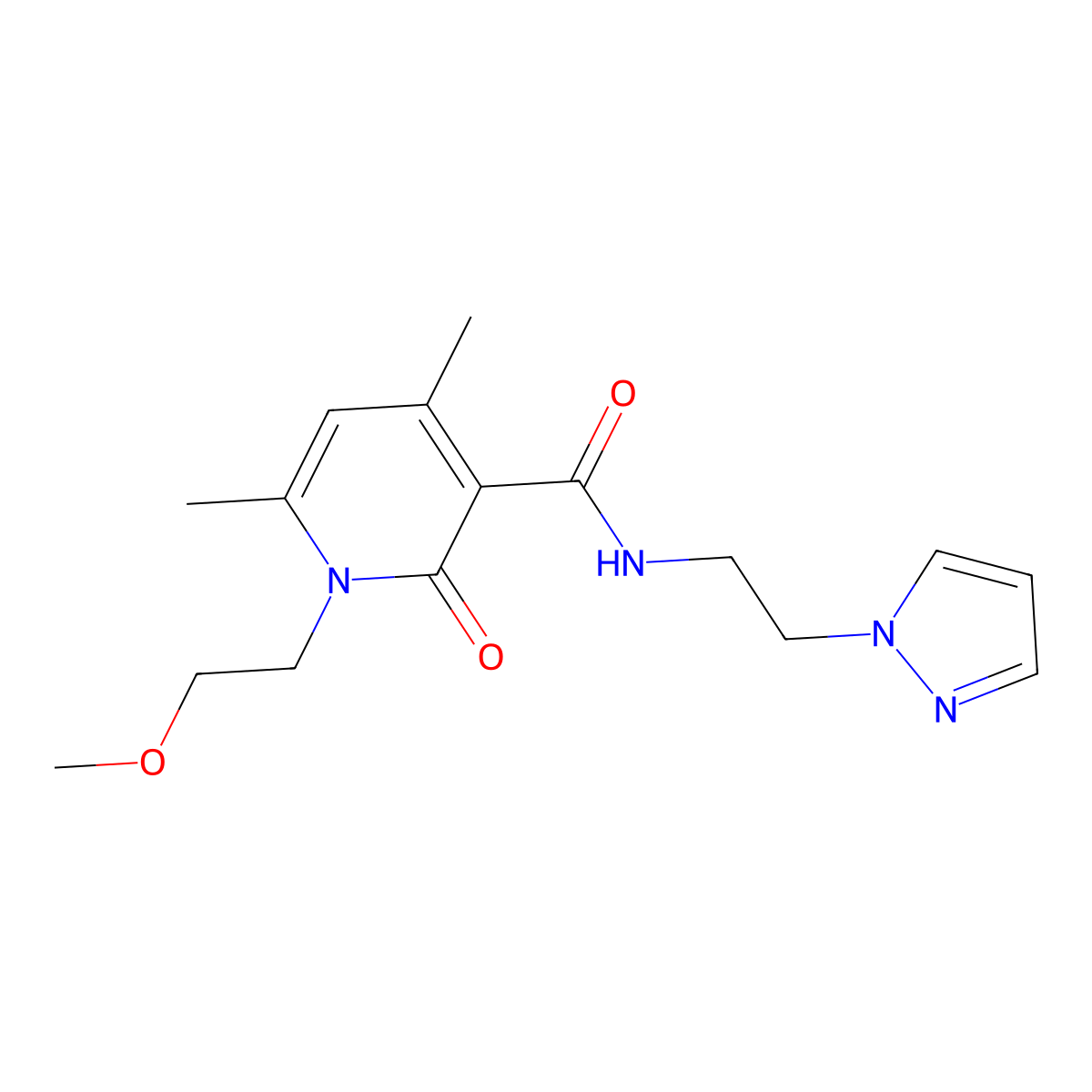 1-(2-methoxyethyl)-4,6-dimethyl-2-oxo-N-[2-(1H-pyrazol-1-yl)ethyl]-1,2-dihydro-3-pyridinecarboxamide molecular structure, CAS 1676073-55-4