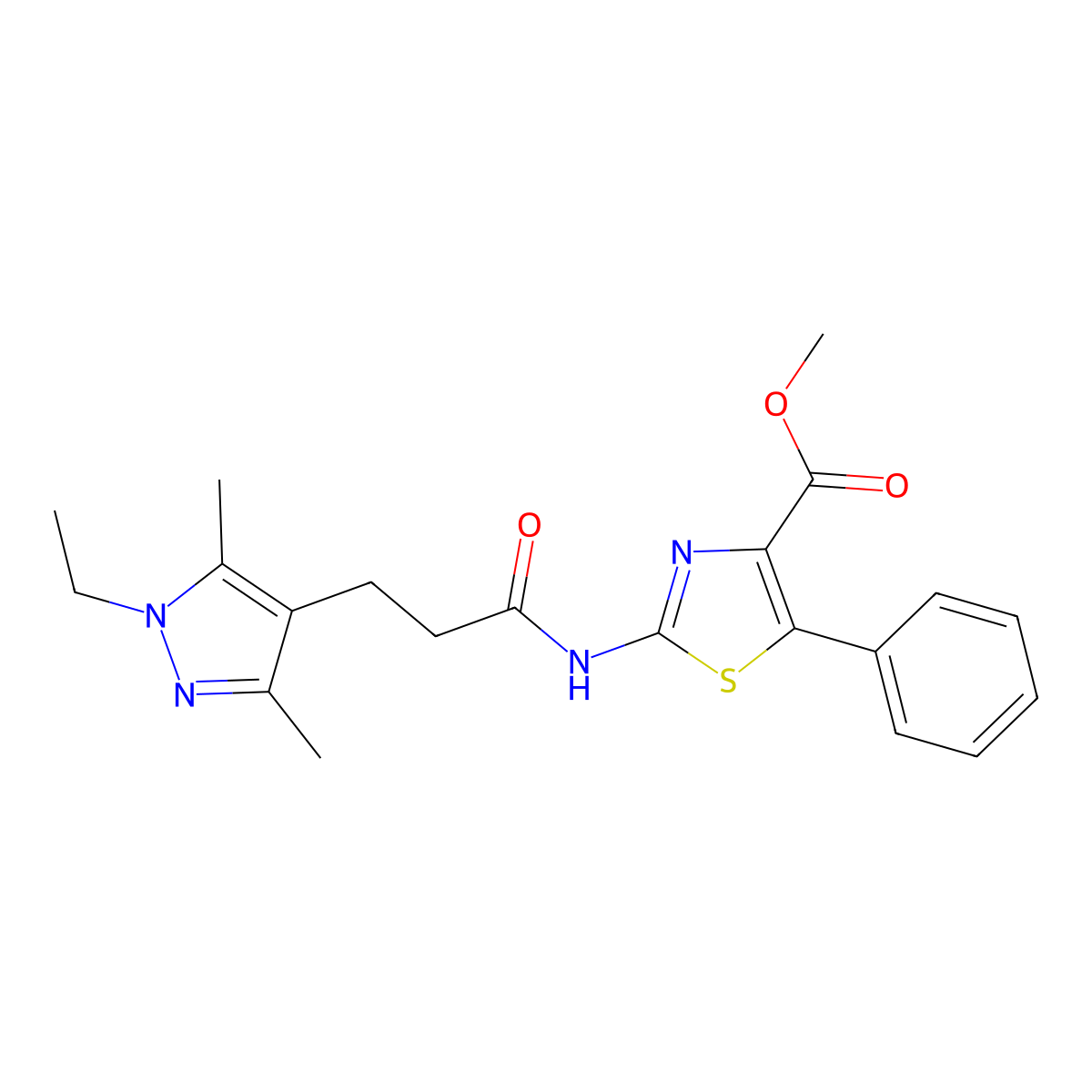 methyl 2-{[3-(1-ethyl-3,5-dimethyl-1H-pyrazol-4-yl)propanoyl]amino}-5-phenyl-1,3-thiazole-4-carboxylate molecular structure, CAS 1676073-64-5