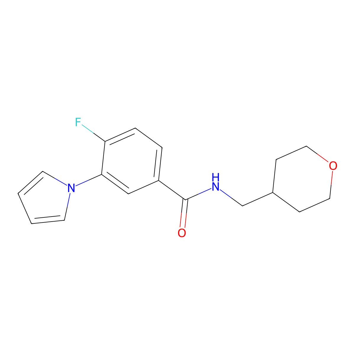 4-fluoro-3-(1H-pyrrol-1-yl)-N-(tetrahydro-2H-pyran-4-ylmethyl)benzamide molecular structure, CAS 1676073-89-4