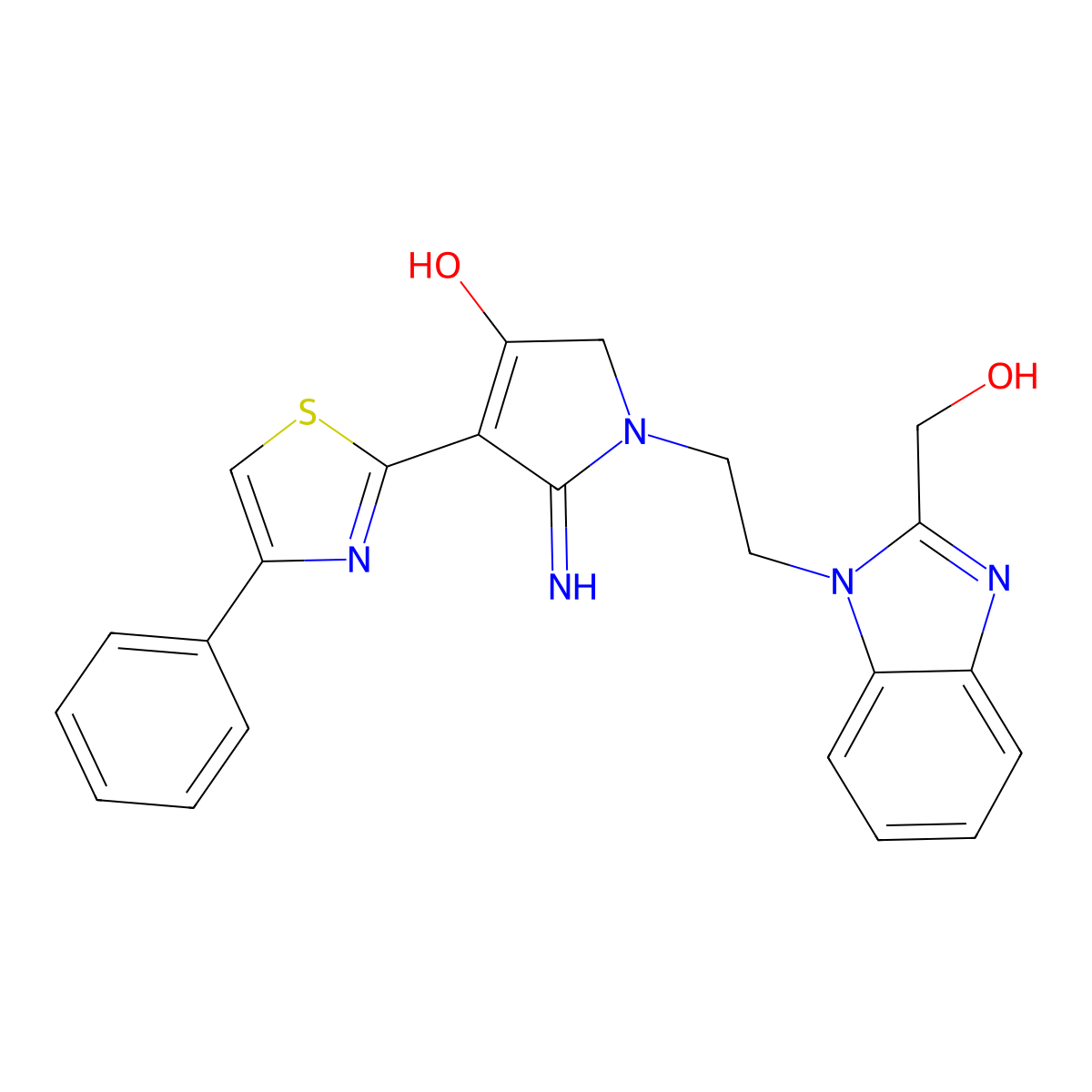 1-{2-[2-(hydroxymethyl)-1H-benzimidazol-1-yl]ethyl}-5-imino-4-(4-phenyl-1,3-thiazol-2-yl)-2,5-dihydro-1H-pyrrol-3-ol molecular structure, CAS 1676074-26-2
