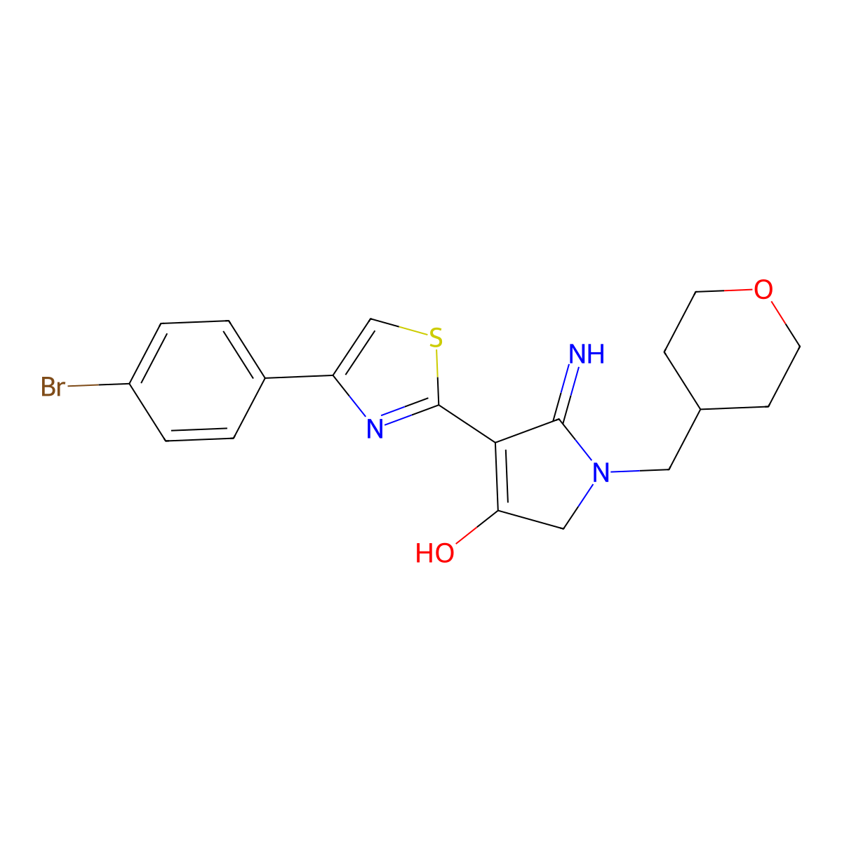 4-[4-(4-bromophenyl)-1,3-thiazol-2-yl]-5-imino-1-(tetrahydro-2H-pyran-4-ylmethyl)-2,5-dihydro-1H-pyrrol-3-ol molecular structure, CAS 1676074-39-7