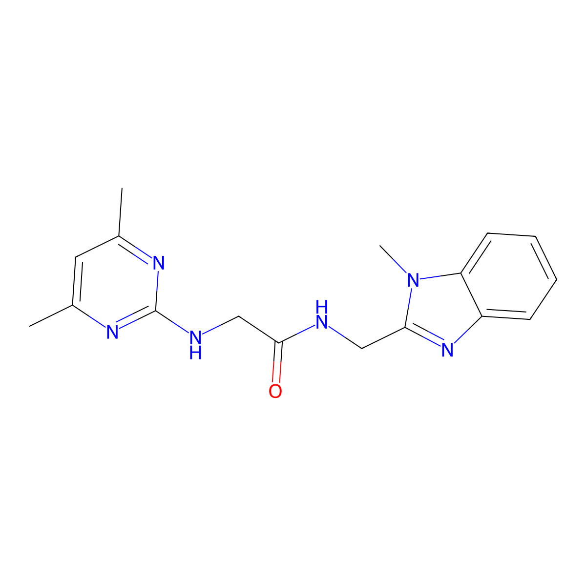 2-[(4,6-dimethyl-2-pyrimidinyl)amino]-N-[(1-methyl-1H-1,3-benzimidazol-2-yl)methyl]acetamide molecular structure, CAS 1676074-44-4