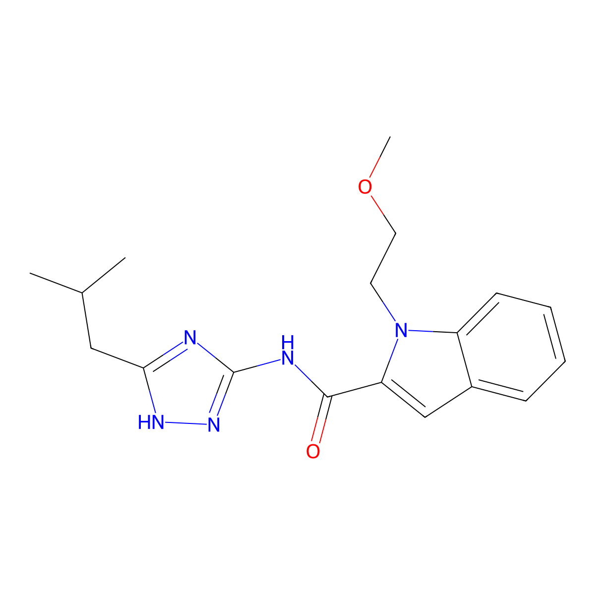 1-(2-methoxyethyl)-N-[3-(2-methylpropyl)-1H-1,2,4-triazol-5-yl]-1H-indole-2-carboxamide molecular structure, CAS 1676078-46-8