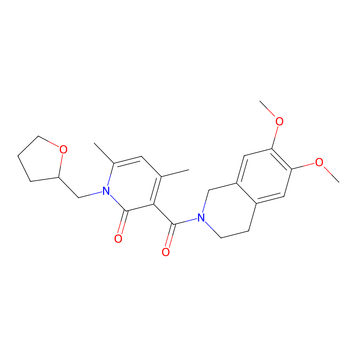 3-[(6,7-dimethoxy-3,4-dihydroisoquinolin-2(1H)-yl)carbonyl]-4,6-dimethyl-1-(tetrahydrofuran-2-ylmethyl)pyridin-2(1H)-one molecular structure, CAS 1676079-14-3