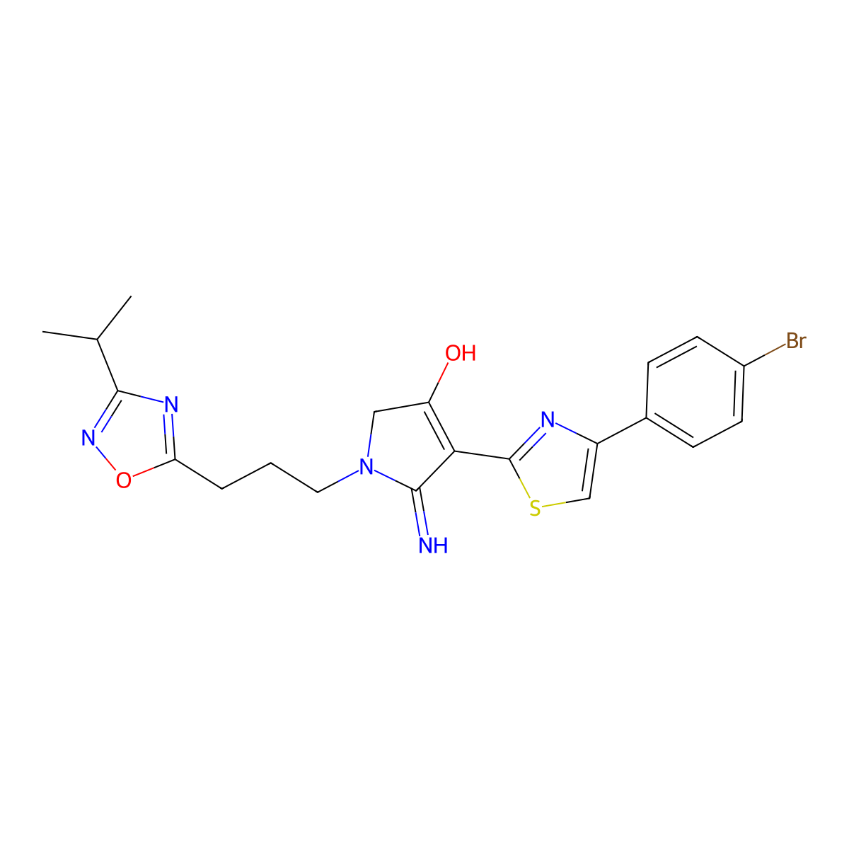 4-[4-(4-bromophenyl)-1,3-thiazol-2-yl]-5-imino-1-{3-[3-(propan-2-yl)-1,2,4-oxadiazol-5-yl]propyl}-2,5-dihydro-1H-pyrrol-3-ol molecular structure, CAS 1676082-06-6