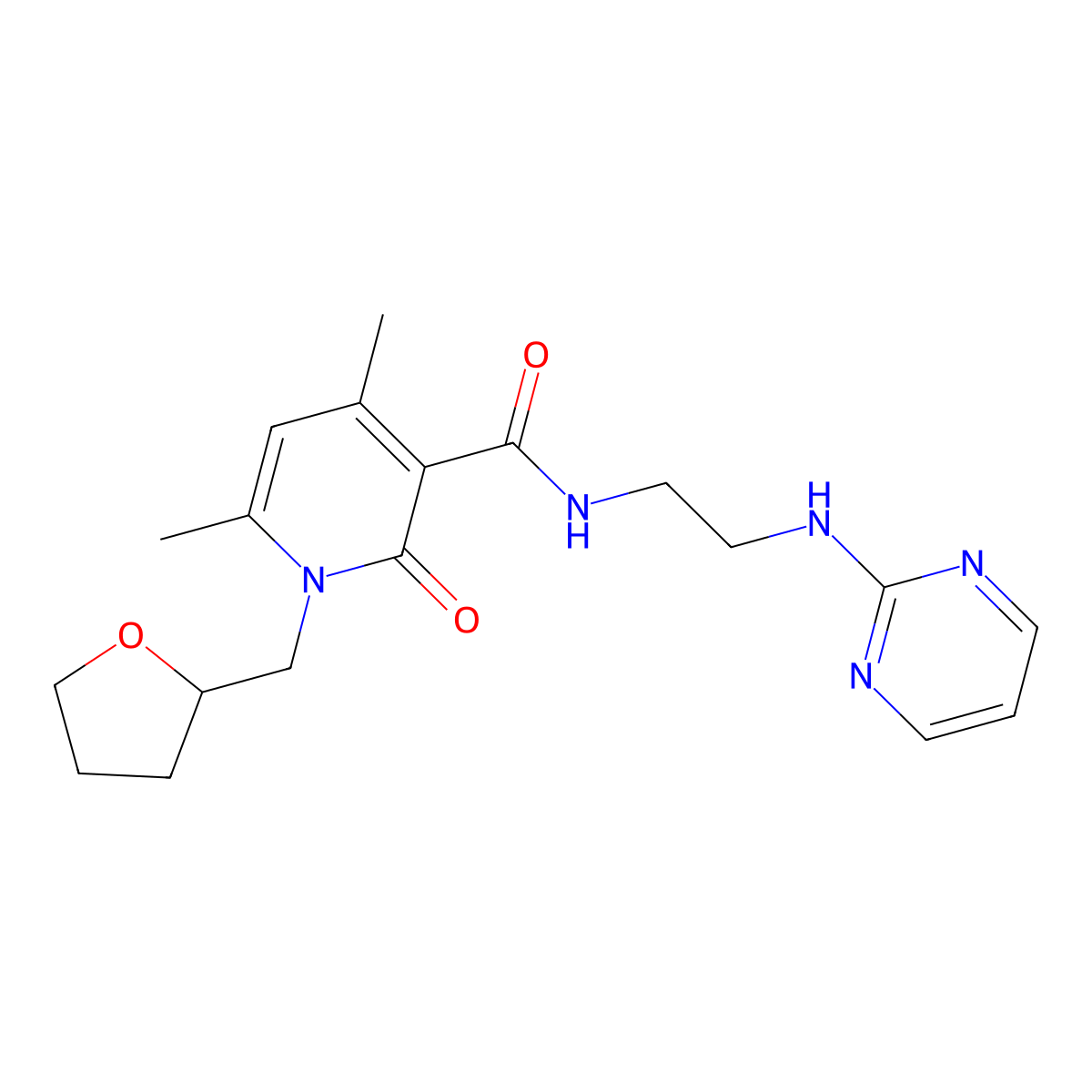 4,6-dimethyl-2-oxo-N-[2-(2-pyrimidinylamino)ethyl]-1-(tetrahydro-2-furanylmethyl)-1,2-dihydro-3-pyridinecarboxamide molecular structure, CAS 1676082-09-9
