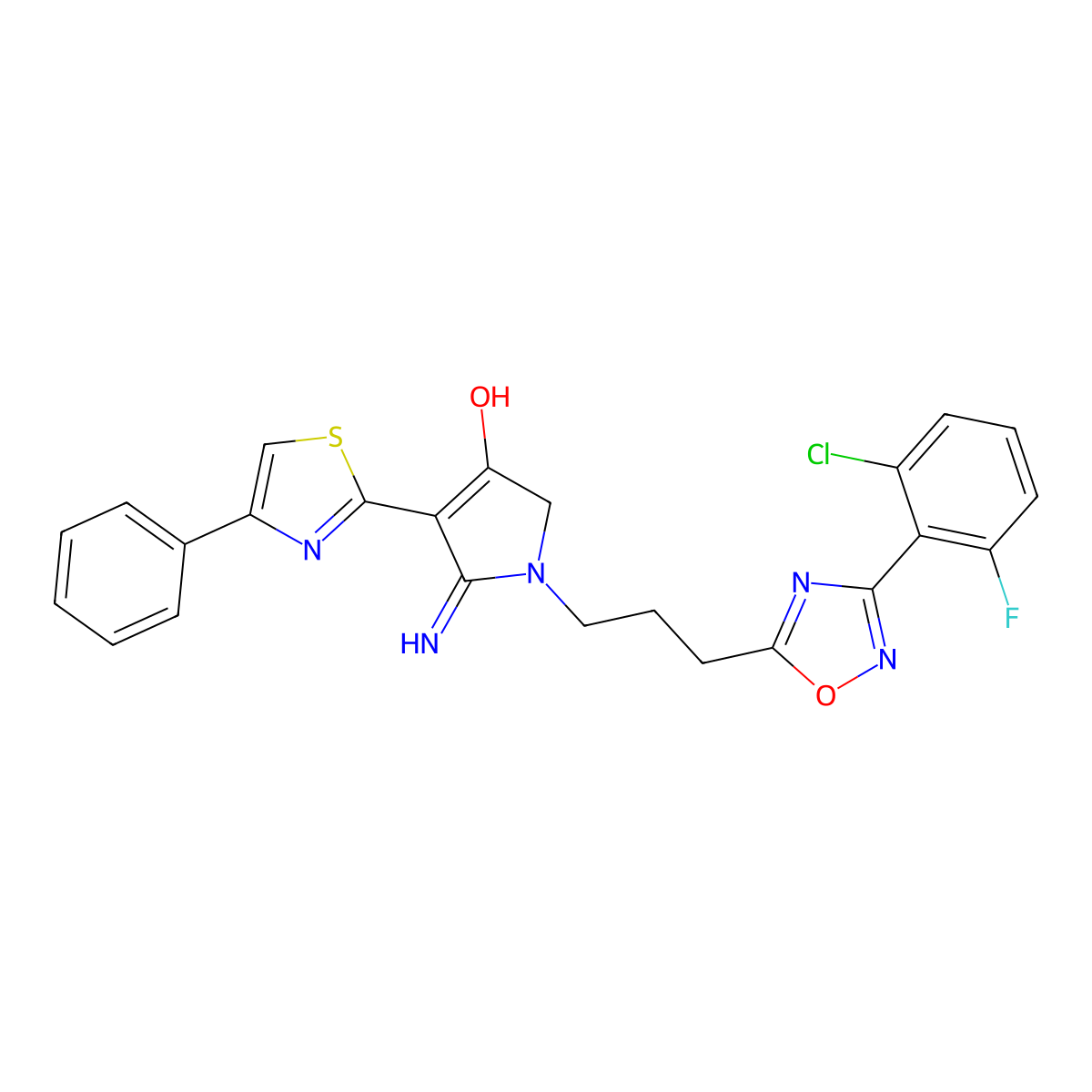 1-{3-[3-(2-chloro-6-fluorophenyl)-1,2,4-oxadiazol-5-yl]propyl}-5-imino-4-(4-phenyl-1,3-thiazol-2-yl)-2,5-dihydro-1H-pyrrol-3-ol molecular structure, CAS 1676082-35-1