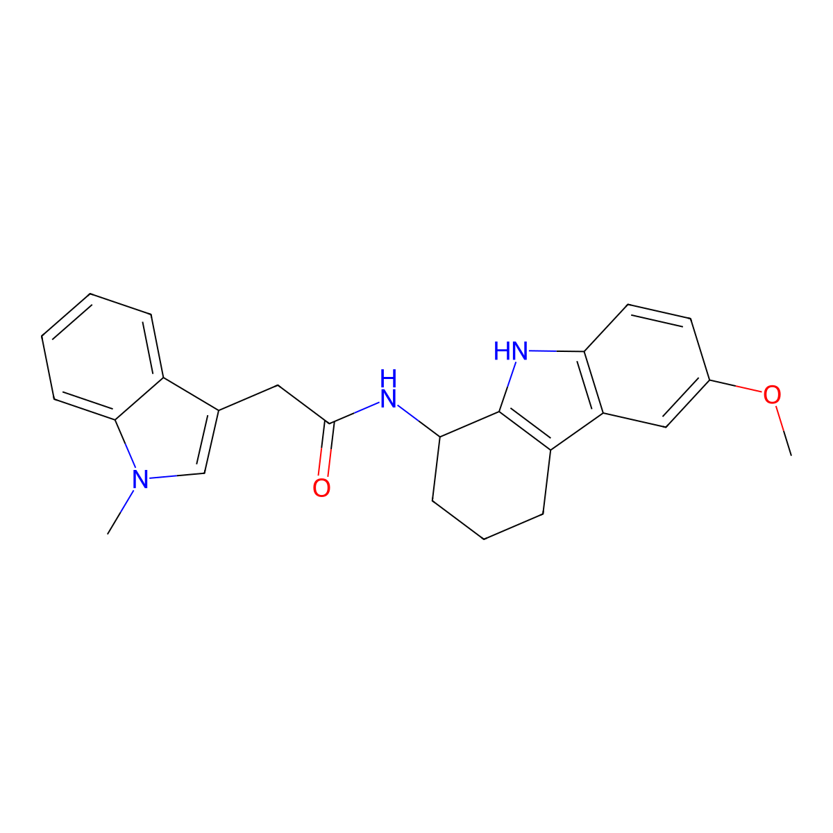 N-(6-methoxy-2,3,4,9-tetrahydro-1H-carbazol-1-yl)-2-(1-methyl-1H-indol-3-yl)acetamide molecular structure, CAS 1676082-48-6