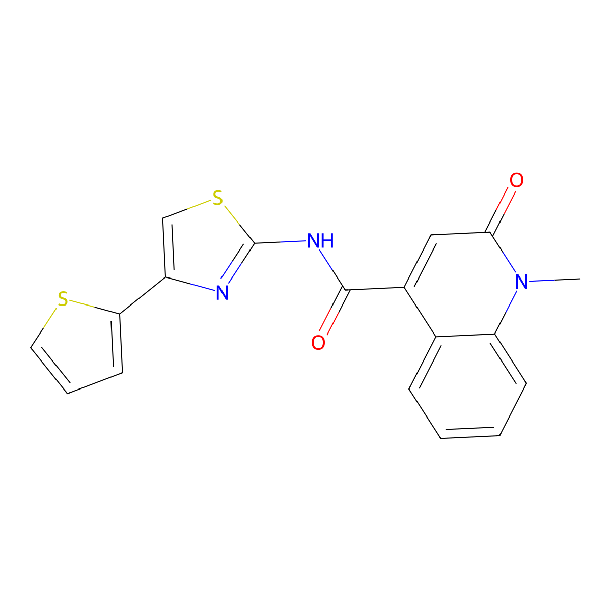 1-methyl-2-oxo-N-[4-(thiophen-2-yl)-1,3-thiazol-2-yl]-1,2-dihydroquinoline-4-carboxamide molecular structure, CAS 1676082-55-5