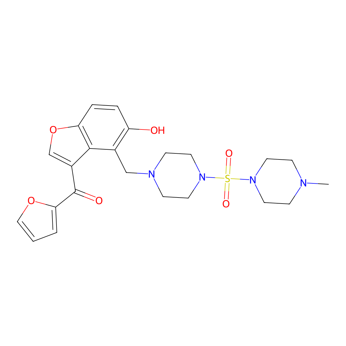 Furan-2-yl[5-hydroxy-4-({4-[(4-methylpiperazin-1-yl)sulfonyl]piperazin-1-yl}methyl)-1-benzofuran-3-yl]methanone molecular structure, CAS 1676082-60-2