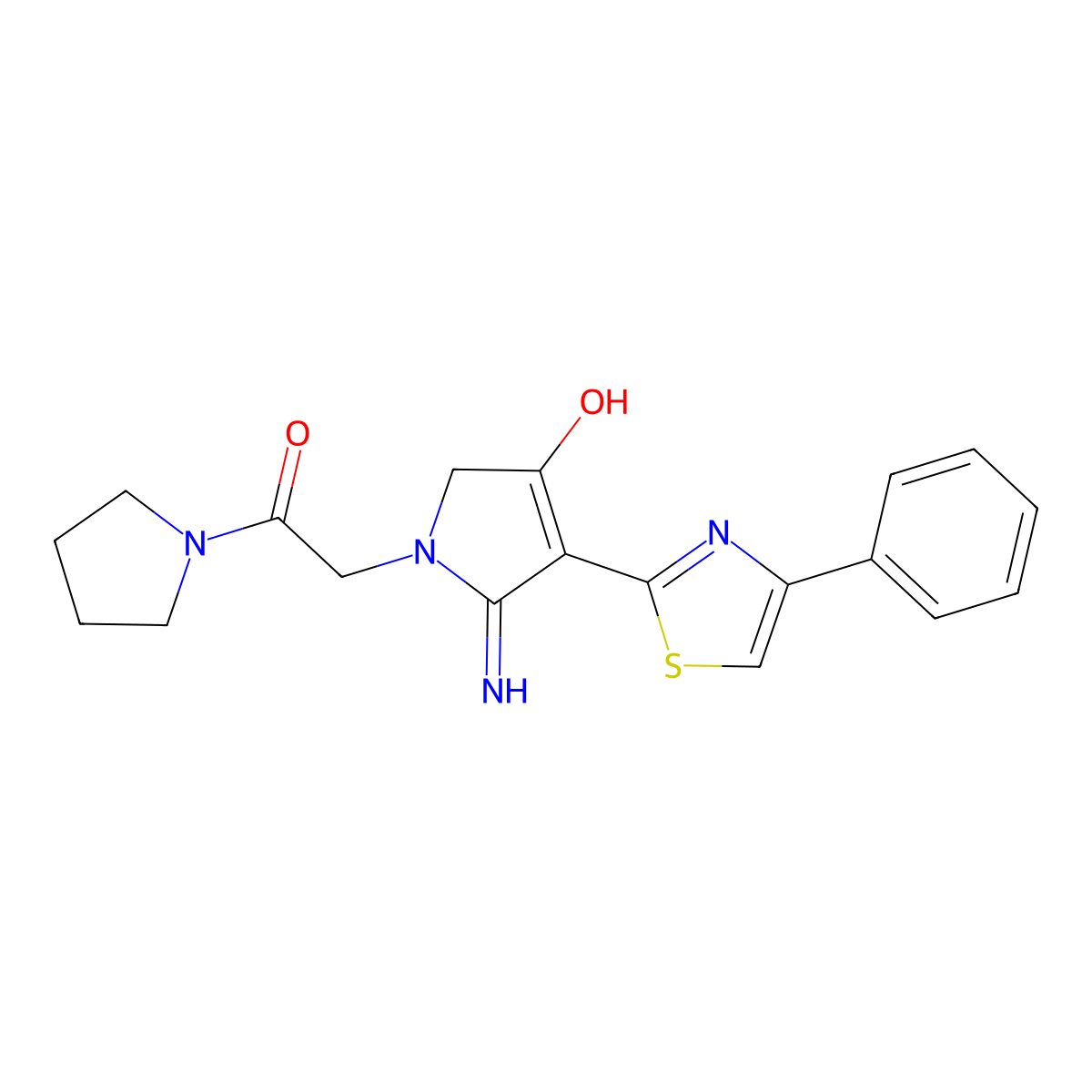 2-[4-hydroxy-2-imino-3-(4-phenyl-1,3-thiazol-2-yl)-2,5-dihydro-1H-pyrrol-1-yl]-1-(pyrrolidin-1-yl)ethanone molecular structure, CAS 1676083-02-5