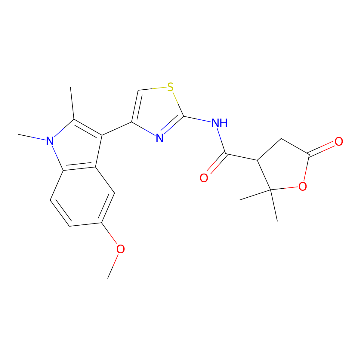 N-[4-(5-methoxy-1,2-dimethyl-1H-indol-3-yl)-1,3-thiazol-2-yl]-2,2-dimethyl-5-oxotetrahydrofuran-3-carboxamide molecular structure, CAS 1676083-71-8