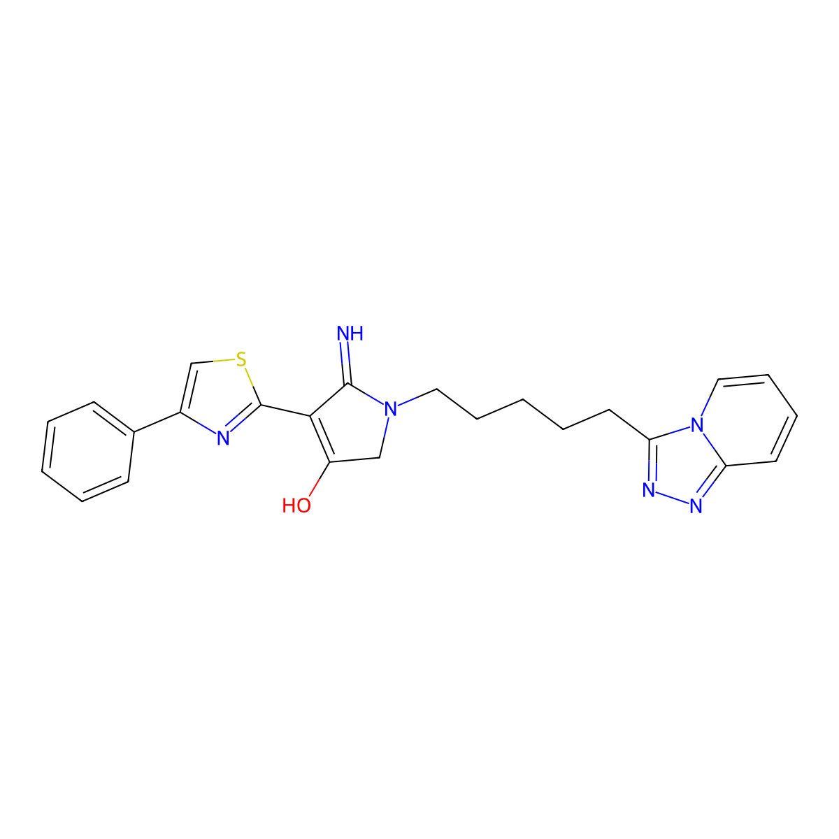 5-imino-4-(4-phenyl-1,3-thiazol-2-yl)-1-[5-([1,2,4]triazolo[4,3-a]pyridin-3-yl)pentyl]-2,5-dihydro-1H-pyrrol-3-ol molecular structure, CAS 1676085-22-5