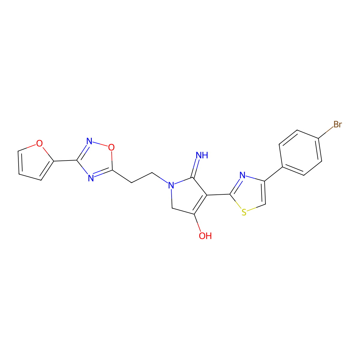 4-[4-(4-bromophenyl)-1,3-thiazol-2-yl]-1-{2-[3-(furan-2-yl)-1,2,4-oxadiazol-5-yl]ethyl}-5-imino-2,5-dihydro-1H-pyrrol-3-ol molecular structure, CAS 1676085-73-6