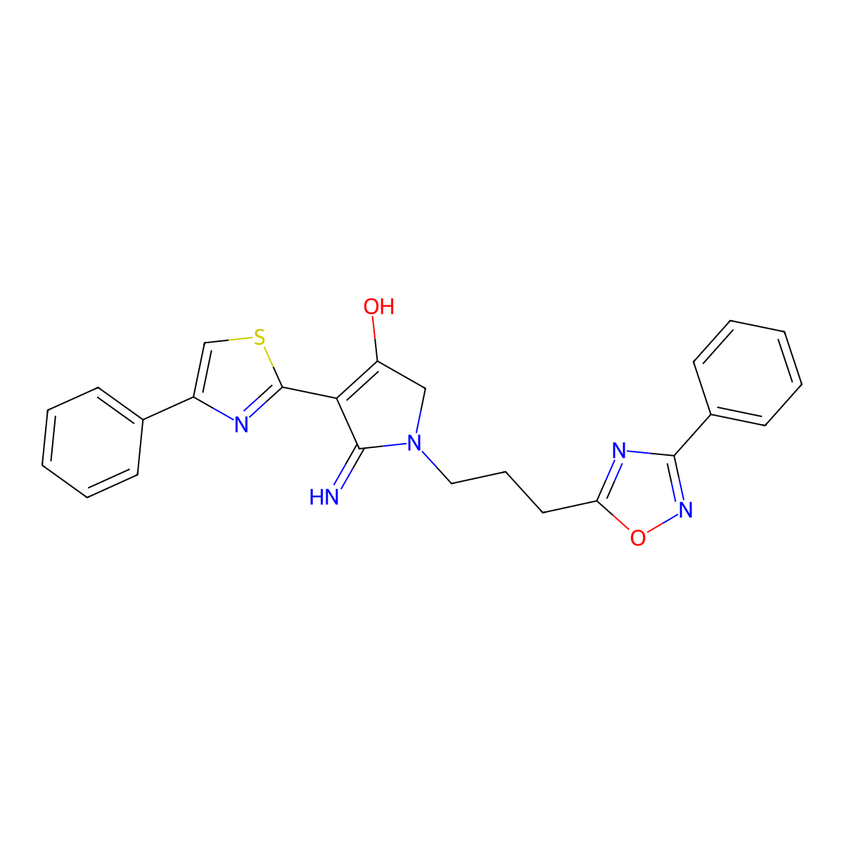 5-imino-1-[3-(3-phenyl-1,2,4-oxadiazol-5-yl)propyl]-4-(4-phenyl-1,3-thiazol-2-yl)-2,5-dihydro-1H-pyrrol-3-ol molecular structure, CAS 1676085-98-5