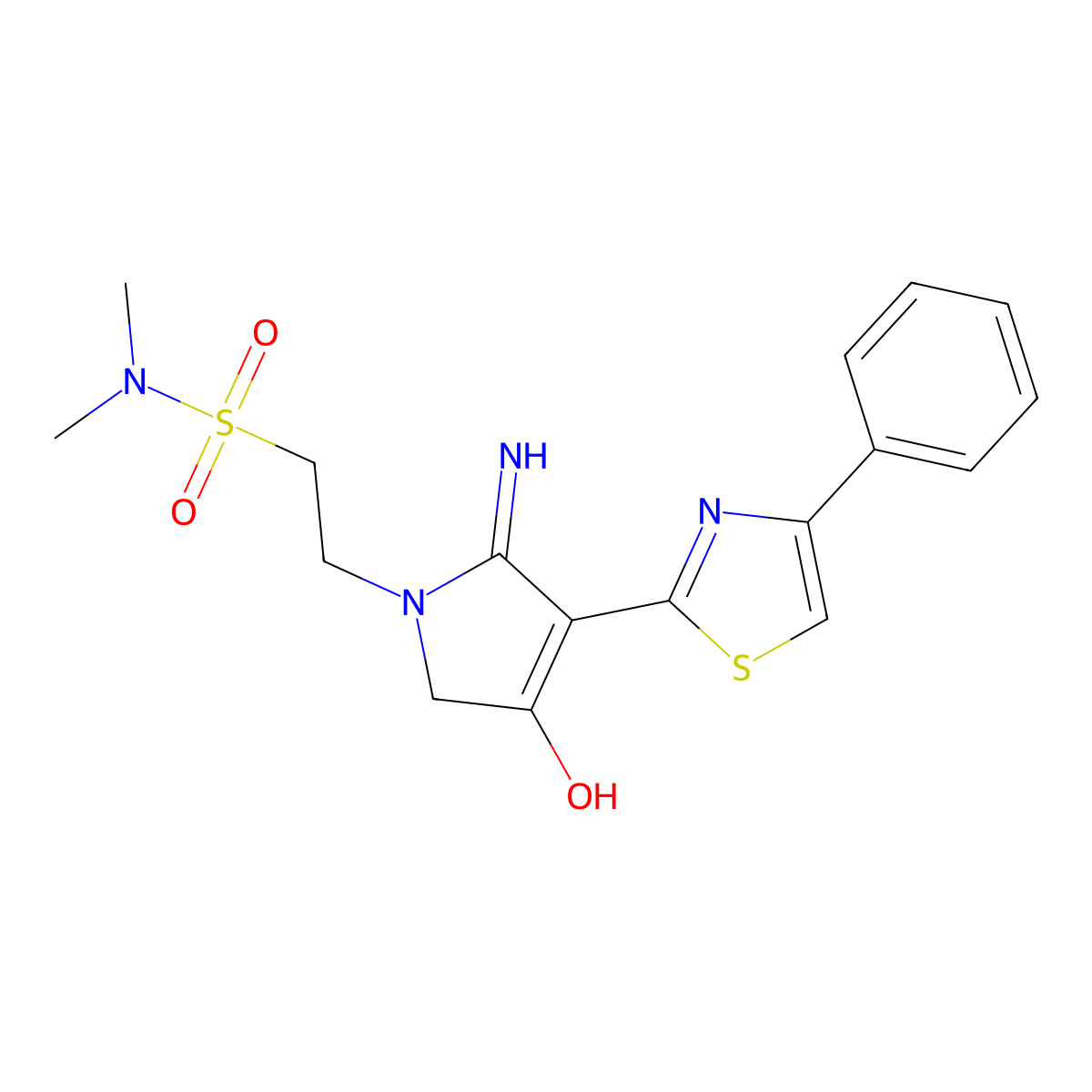 2-[4-hydroxy-2-imino-3-(4-phenyl-1,3-thiazol-2-yl)-2,5-dihydro-1H-pyrrol-1-yl]-N,N-dimethylethanesulfonamide molecular structure, CAS 1676086-10-4