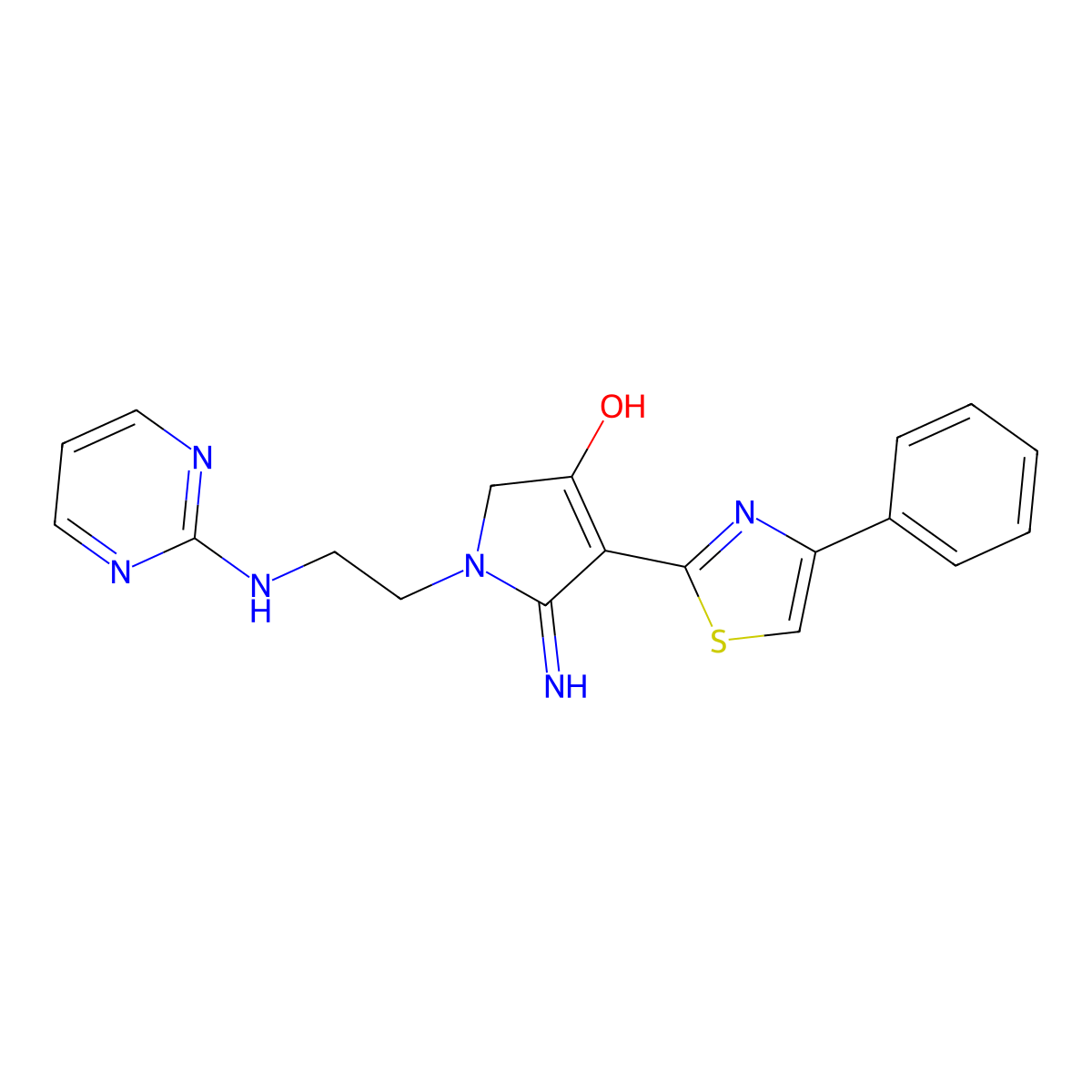 5-imino-4-(4-phenyl-1,3-thiazol-2-yl)-1-[2-(pyrimidin-2-ylamino)ethyl]-2,5-dihydro-1H-pyrrol-3-ol molecular structure, CAS 1676086-15-9