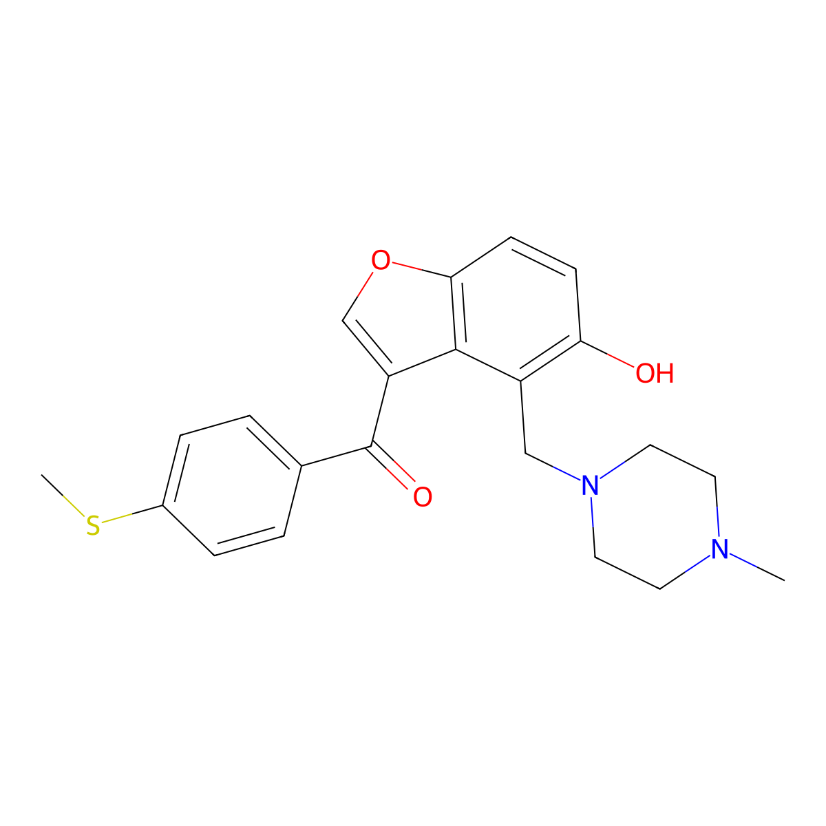 {5-Hydroxy-4-[(4-methylpiperazin-1-yl)methyl]-1-benzofuran-3-yl}[4-(methylsulfanyl)phenyl]methanone molecular structure, CAS 1676086-26-2
