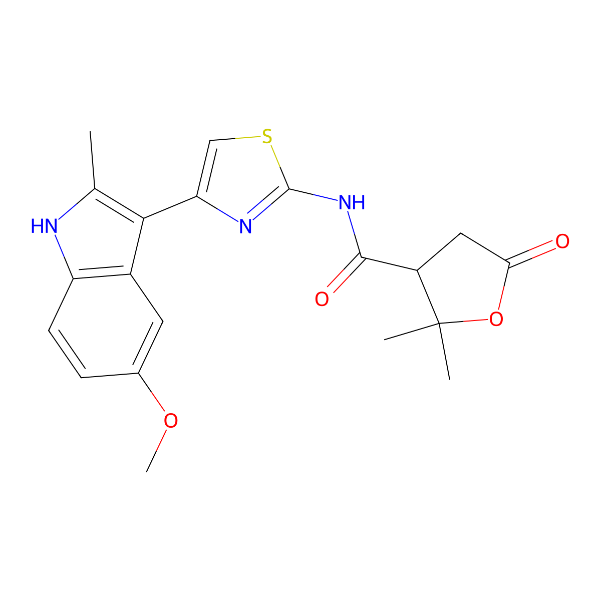 N-[4-(5-methoxy-2-methyl-1H-indol-3-yl)-1,3-thiazol-2-yl]-2,2-dimethyl-5-oxotetrahydro-3-furancarboxamide molecular structure, CAS 1676086-33-1