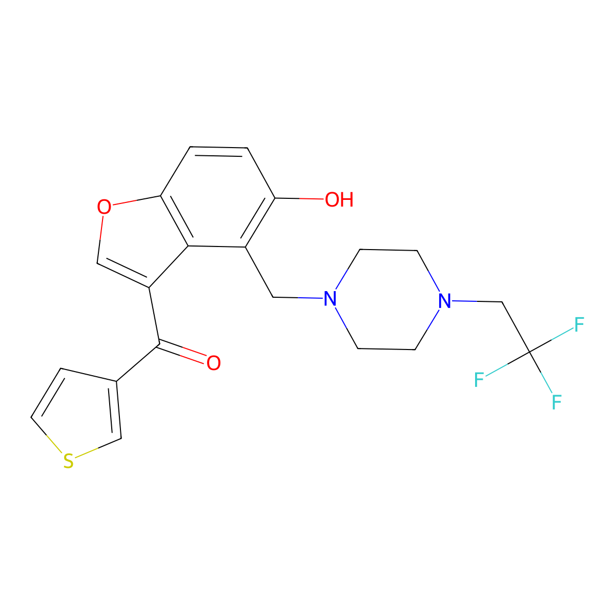 (5-Hydroxy-4-{[4-(2,2,2-trifluoroethyl)piperazin-1-yl]methyl}-1-benzofuran-3-yl)(thiophen-3-yl)methanone molecular structure, CAS 1676086-68-2