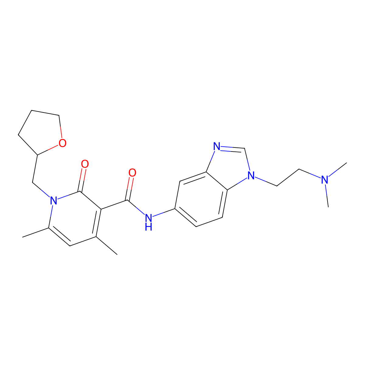 N-(1-(2-(dimethylamino)ethyl)-1H-benzo[d]imidazol-5-yl)-4,6-dimethyl-2-oxo-1-((tetrahydrofuran-2-yl)methyl)-1,2-dihydropyridine-3-carboxamide molecular structure, CAS 1676086-80-8