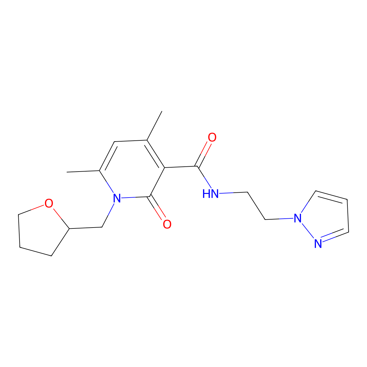 4,6-dimethyl-2-oxo-N-[2-(1H-pyrazol-1-yl)ethyl]-1-(tetrahydrofuran-2-ylmethyl)-1,2-dihydropyridine-3-carboxamide molecular structure, CAS 1676087-16-3