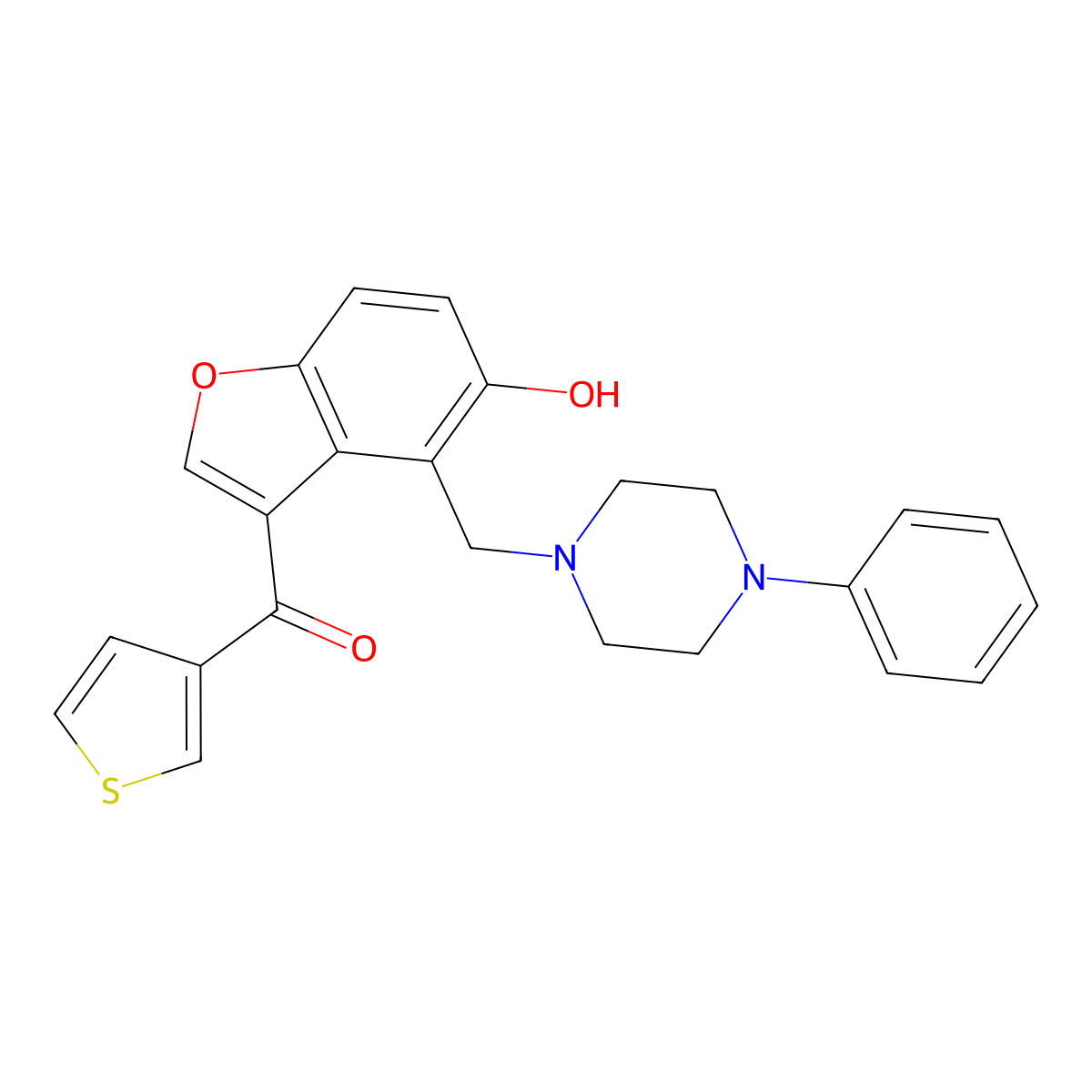 {5-Hydroxy-4-[(4-phenylpiperazin-1-yl)methyl]-1-benzofuran-3-yl}(thiophen-3-yl)methanone molecular structure, CAS 1676087-28-7