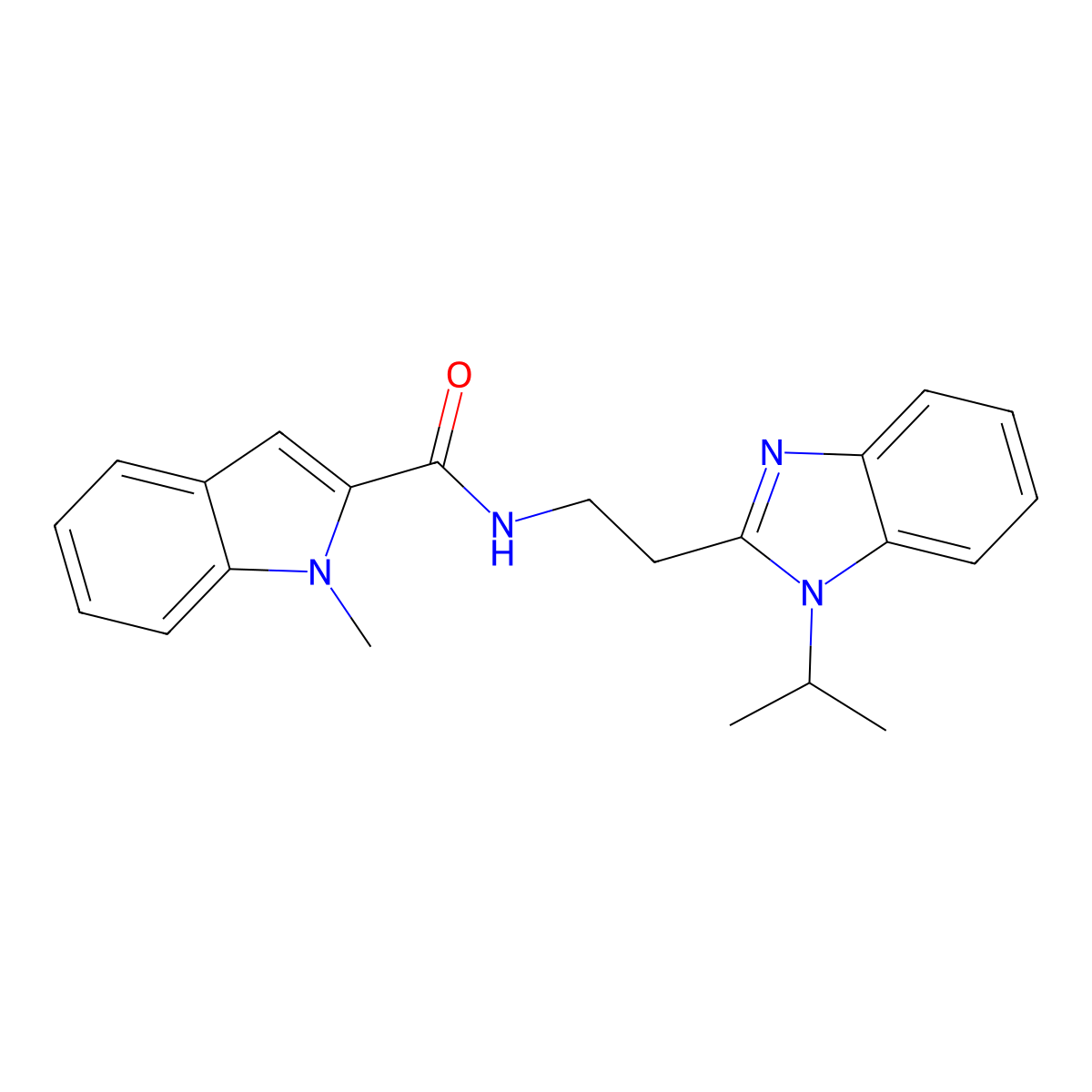 1-methyl-N-{2-[1-(propan-2-yl)-1H-benzimidazol-2-yl]ethyl}-1H-indole-2-carboxamide molecular structure, CAS 1676087-30-1