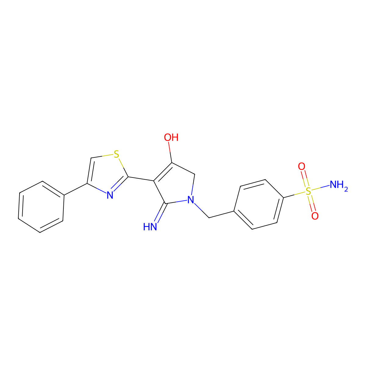 4-{[4-hydroxy-2-imino-3-(4-phenyl-1,3-thiazol-2-yl)-2,5-dihydro-1H-pyrrol-1-yl]methyl}benzenesulfonamide molecular structure, CAS 1676087-39-0