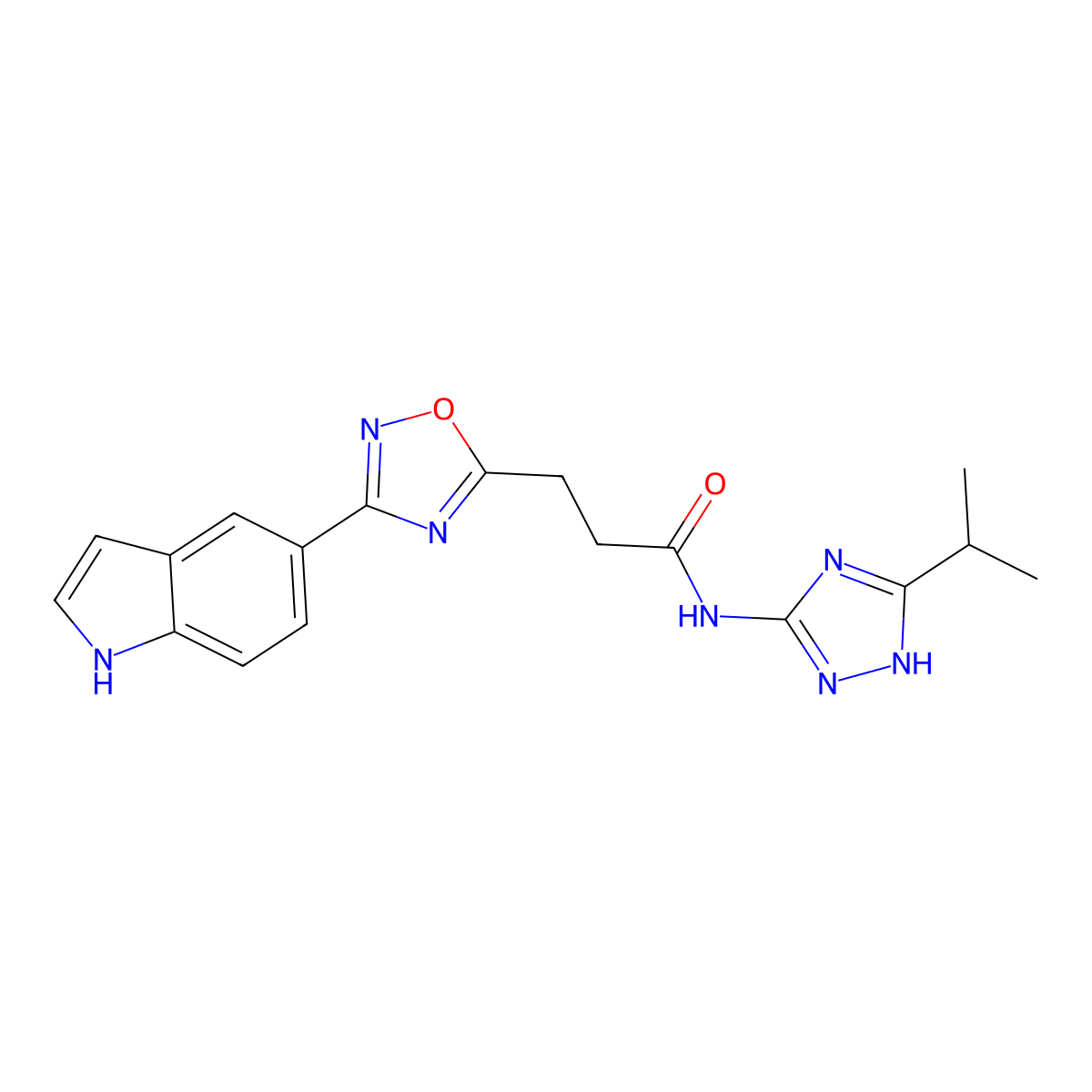 3-[3-(1H-indol-5-yl)-1,2,4-oxadiazol-5-yl]-N-[5-(propan-2-yl)-1H-1,2,4-triazol-3-yl]propanamide molecular structure, CAS 1676096-74-4
