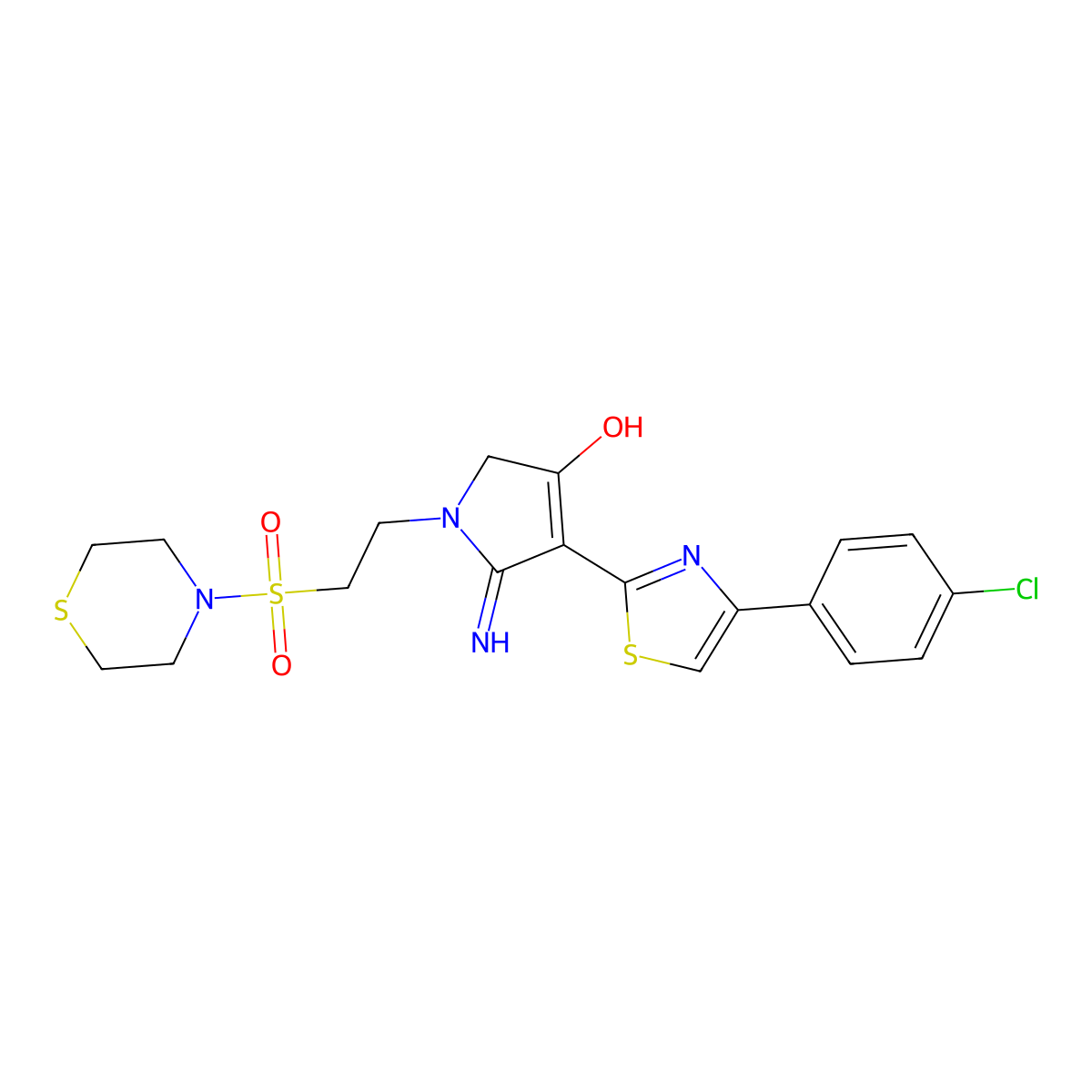 4-[4-(4-chlorophenyl)-1,3-thiazol-2-yl]-5-imino-1-[2-(thiomorpholin-4-ylsulfonyl)ethyl]-2,5-dihydro-1H-pyrrol-3-ol molecular structure, CAS 1676097-35-0