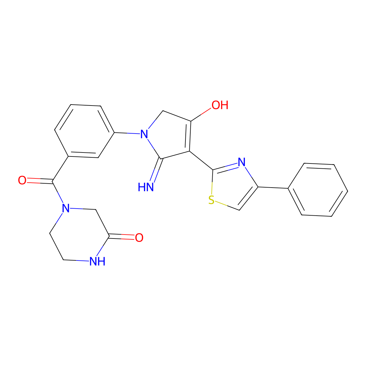 4-({3-[4-hydroxy-2-imino-3-(4-phenyl-1,3-thiazol-2-yl)-2,5-dihydro-1H-pyrrol-1-yl]phenyl}carbonyl)piperazin-2-one molecular structure, CAS 1676098-04-6