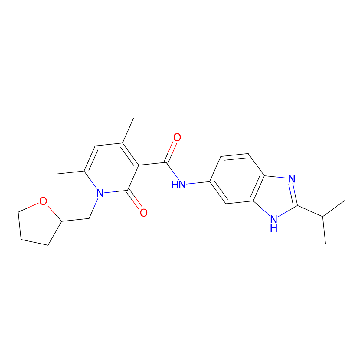 4,6-dimethyl-2-oxo-N-[2-(propan-2-yl)-1H-benzimidazol-6-yl]-1-(tetrahydrofuran-2-ylmethyl)-1,2-dihydropyridine-3-carboxamide molecular structure, CAS 1676098-41-1